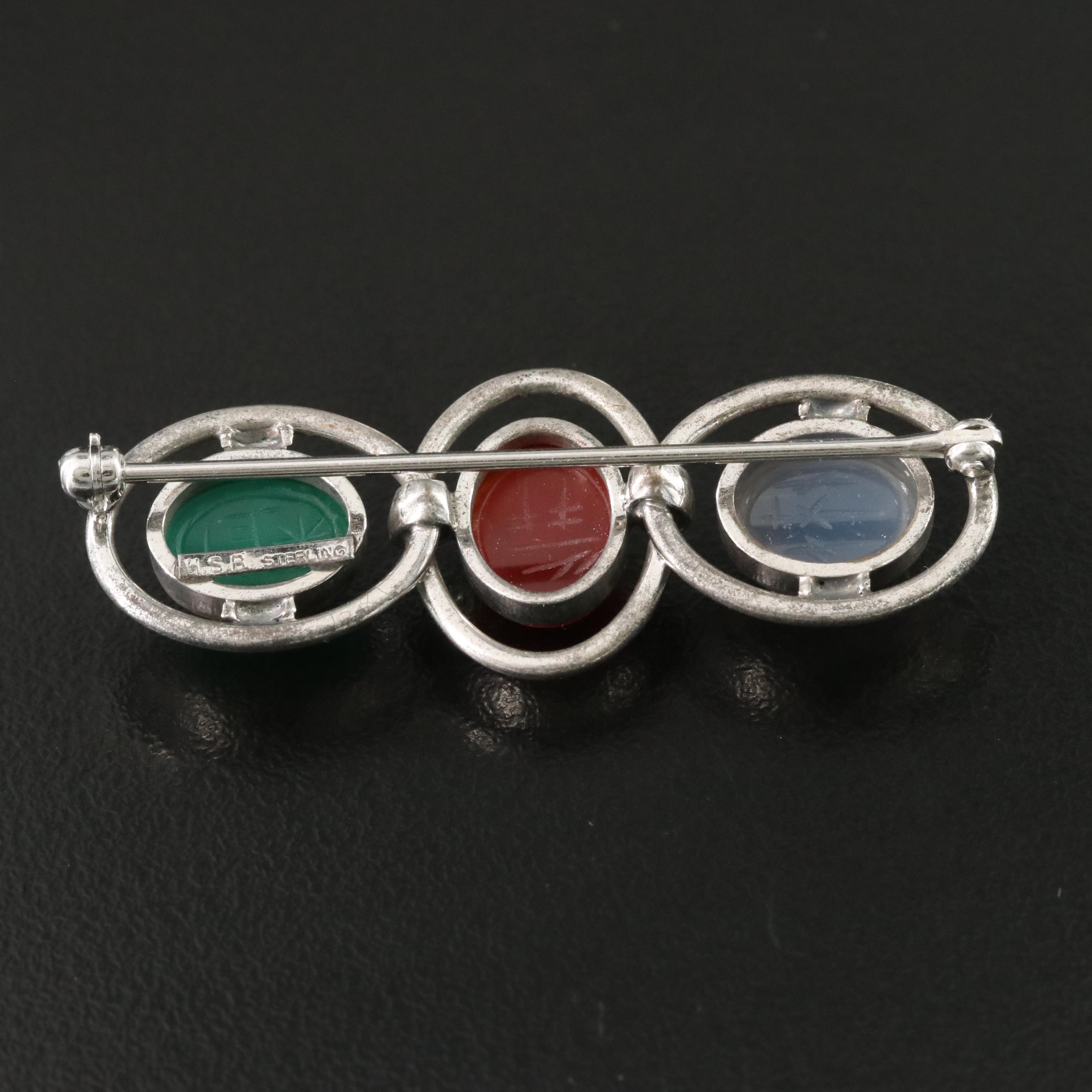 Harry S. Bick Sterling Carnelian and Chalcedony Scarab Brooch