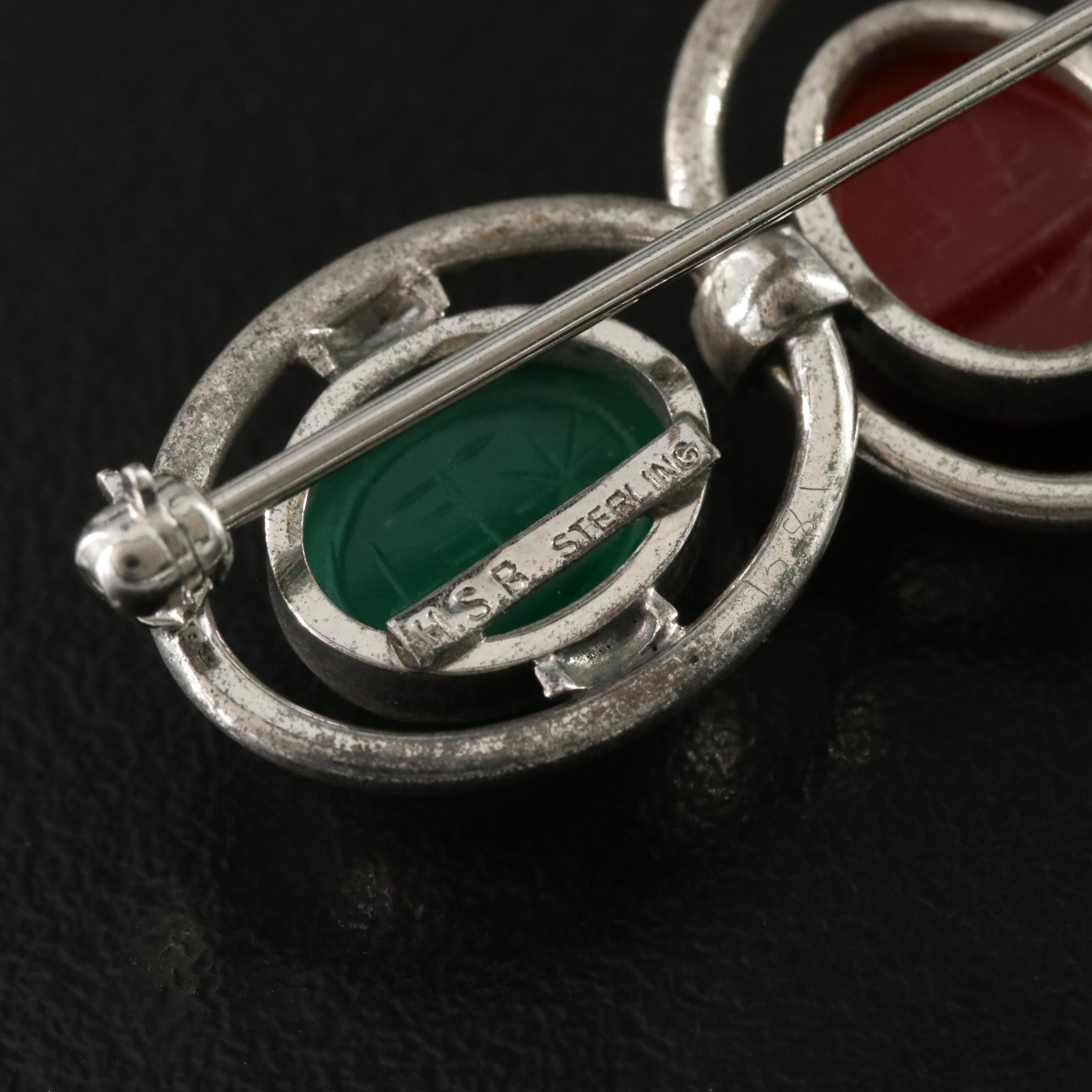 Harry S. Bick Sterling Carnelian and Chalcedony Scarab Brooch