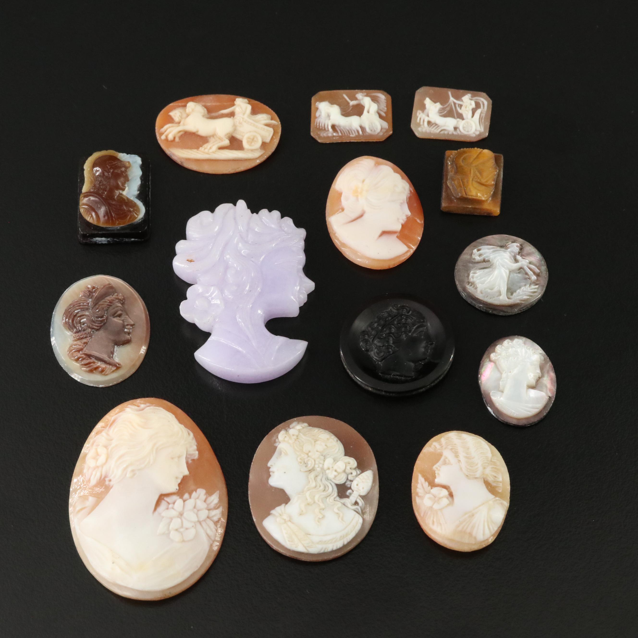 Loose Gemstone Cameos Including Shell, Tiger's Eye and Onyx