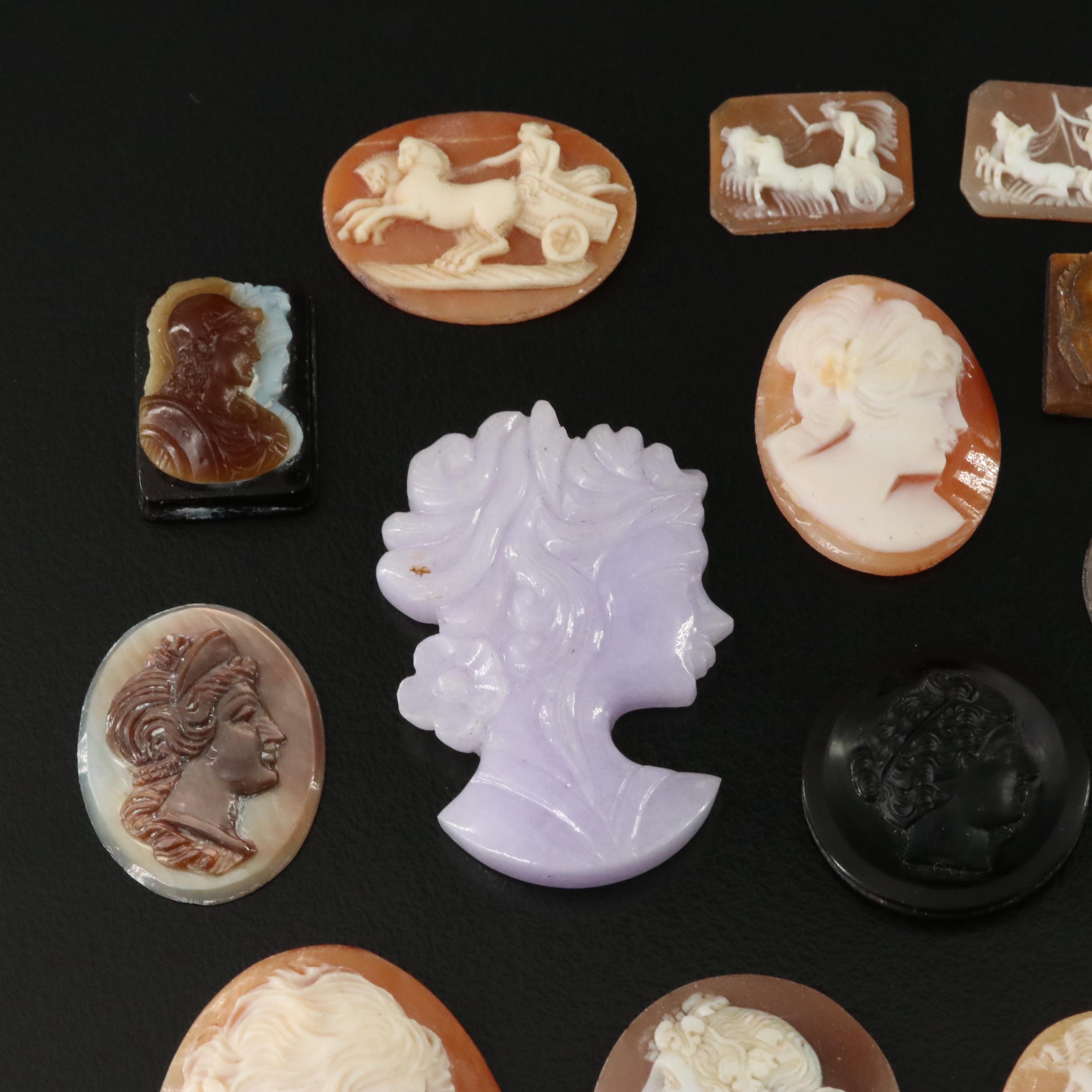 Loose Gemstone Cameos Including Shell, Tiger's Eye and Onyx