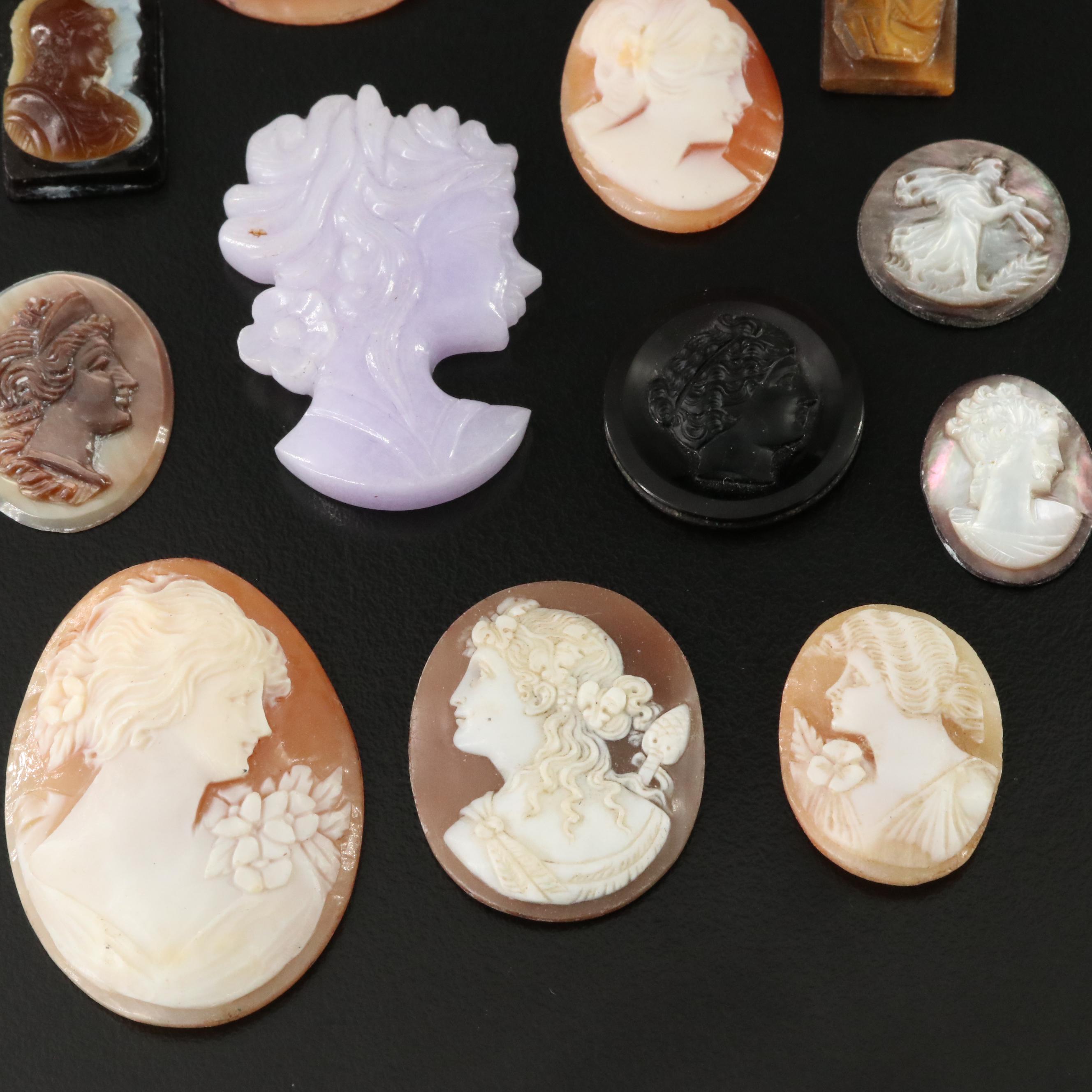Loose Gemstone Cameos Including Shell, Tiger's Eye and Onyx