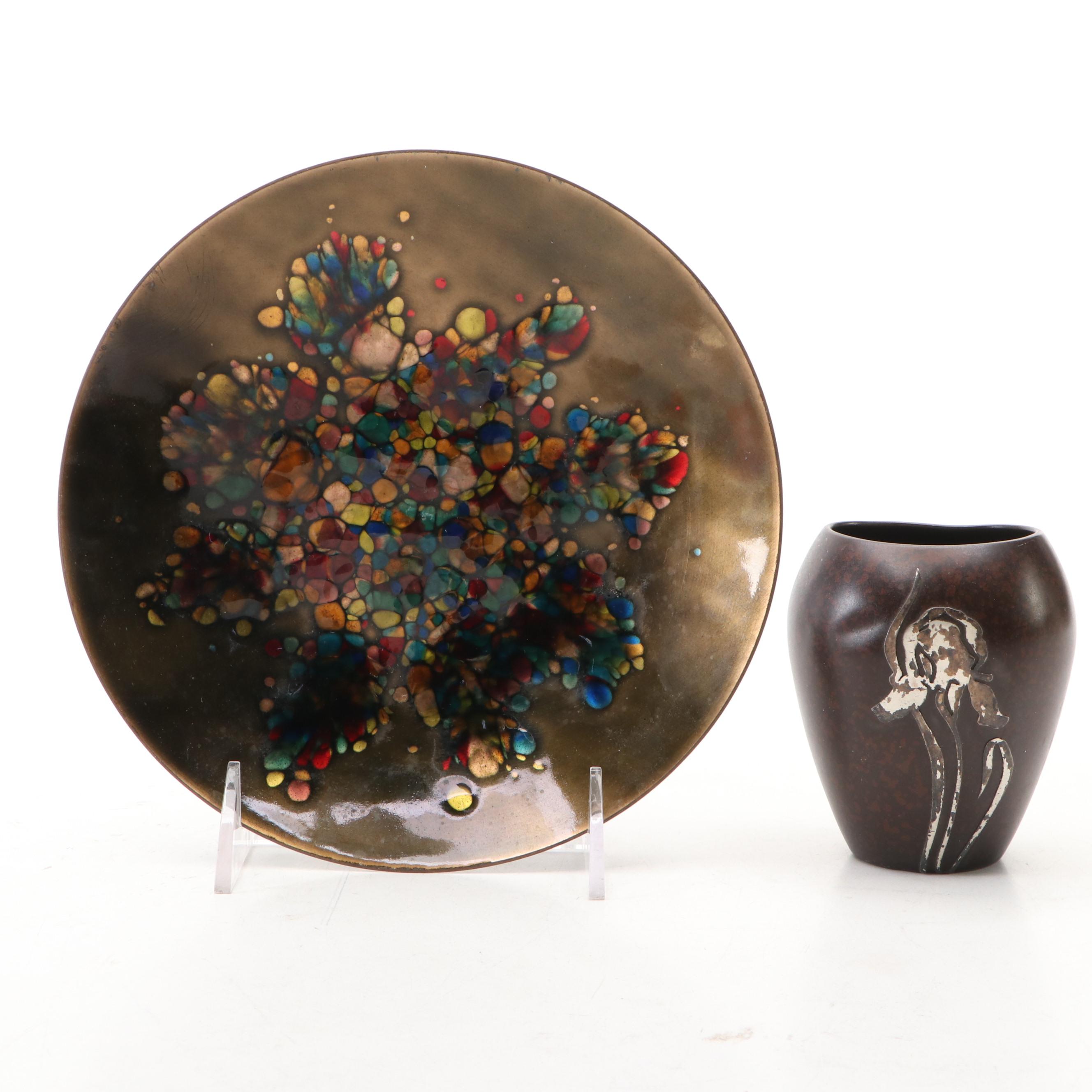 Mid Century Modern Decorative Enamel Plates with Heintz Sterling Overlay Vase