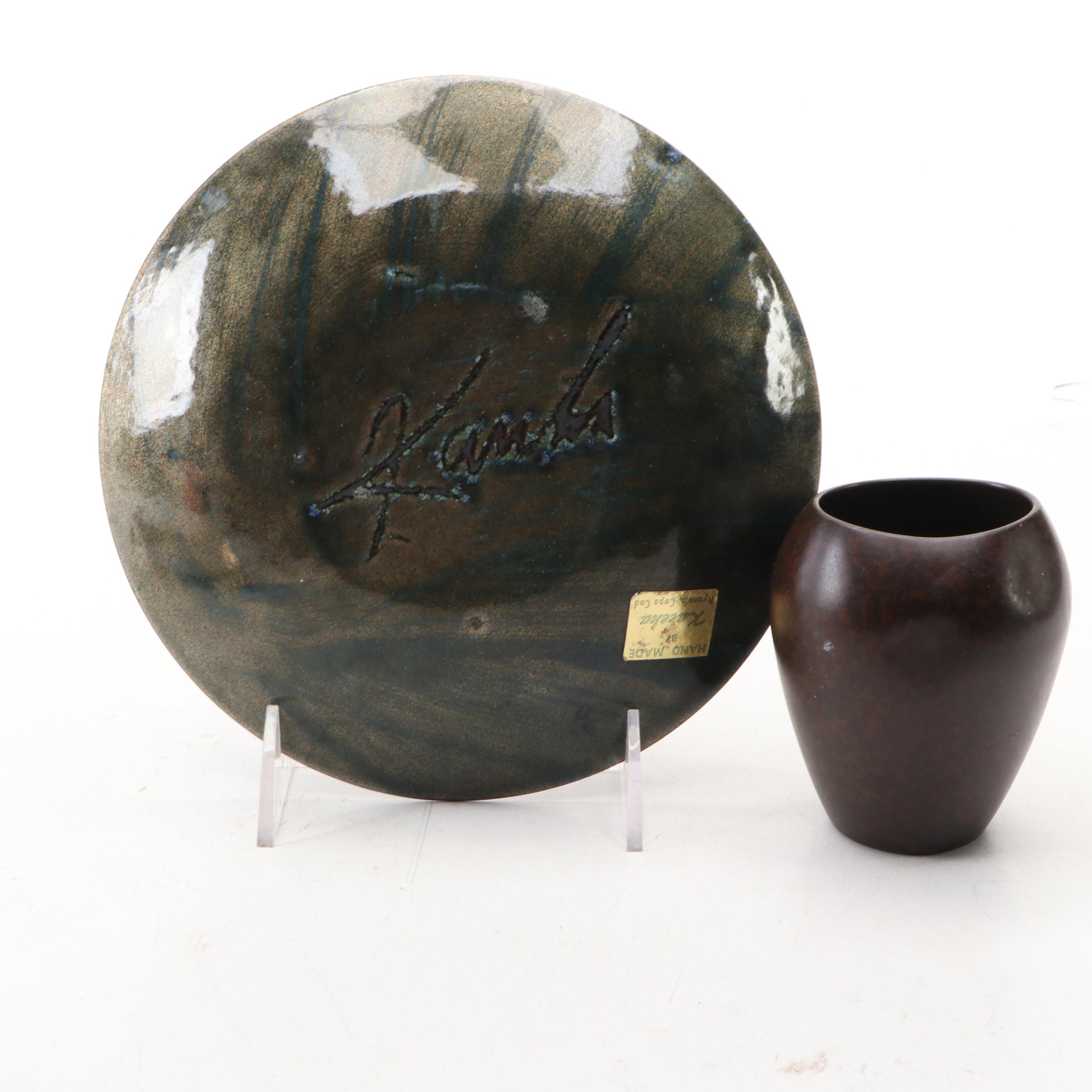 Mid Century Modern Decorative Enamel Plates with Heintz Sterling Overlay Vase