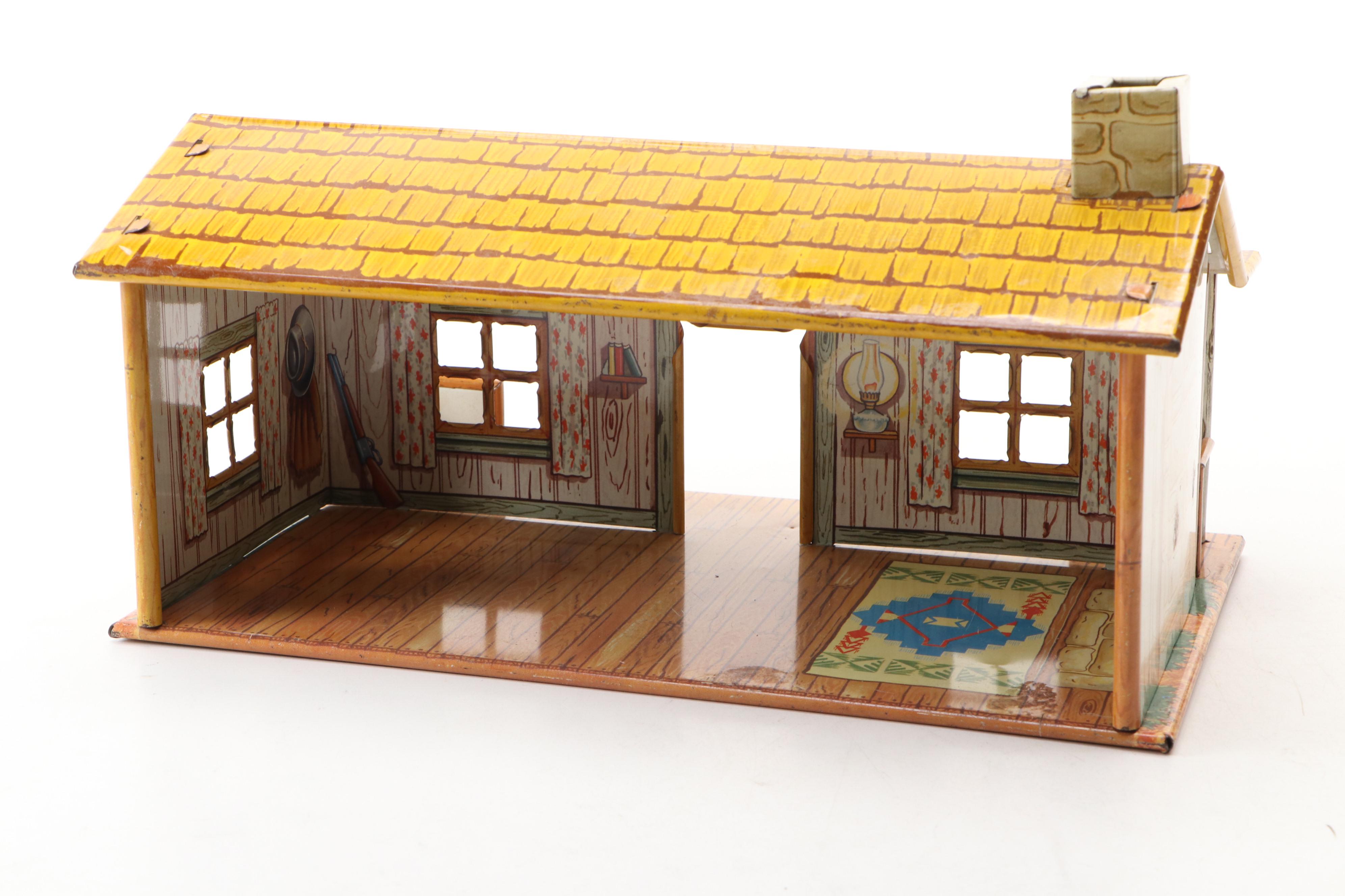 Marx Roy Rogers Tin Ranch House and Gong Bell "Ranch Phone," 1950s