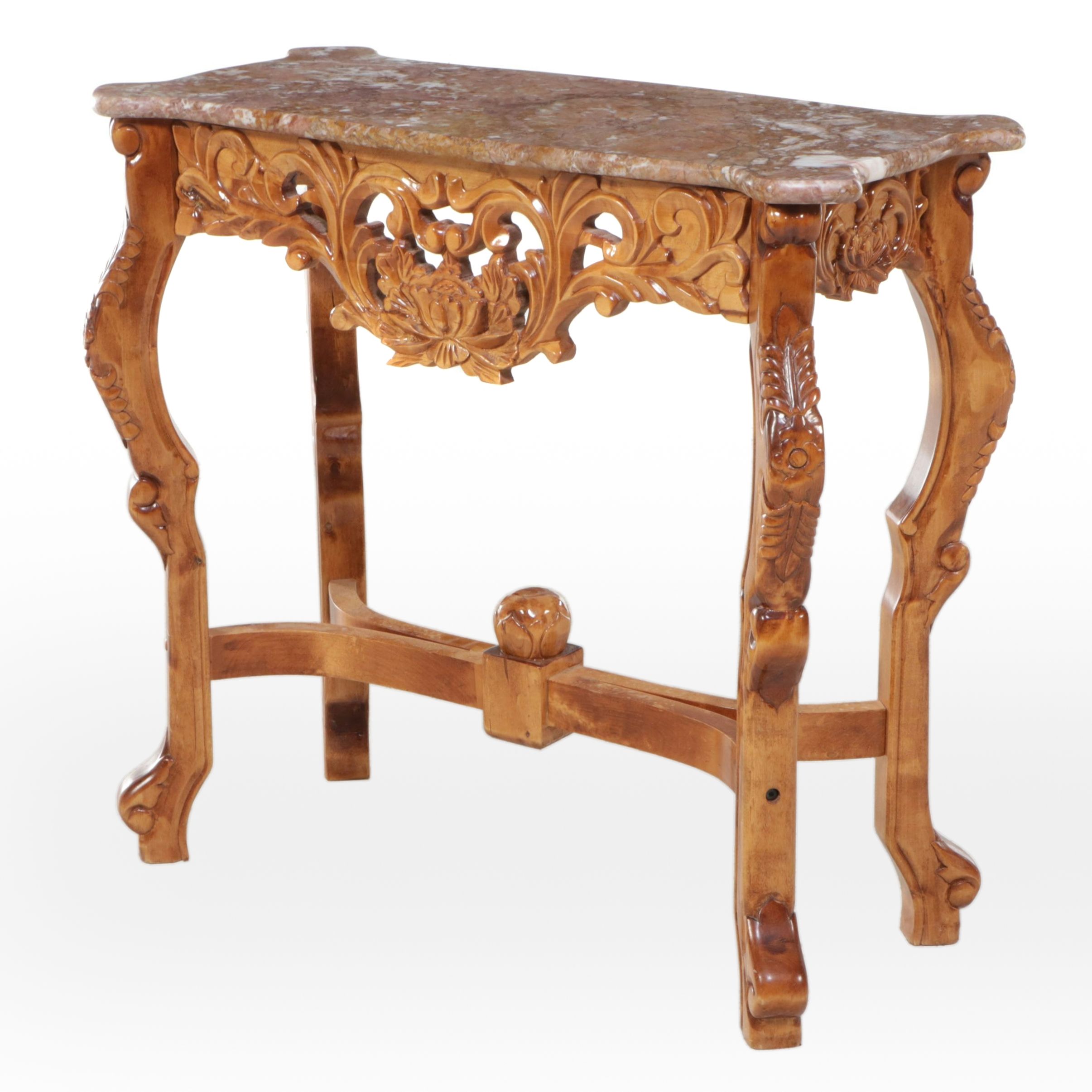 Rococo Style Carved Wood Console Table with Pink Marble Top