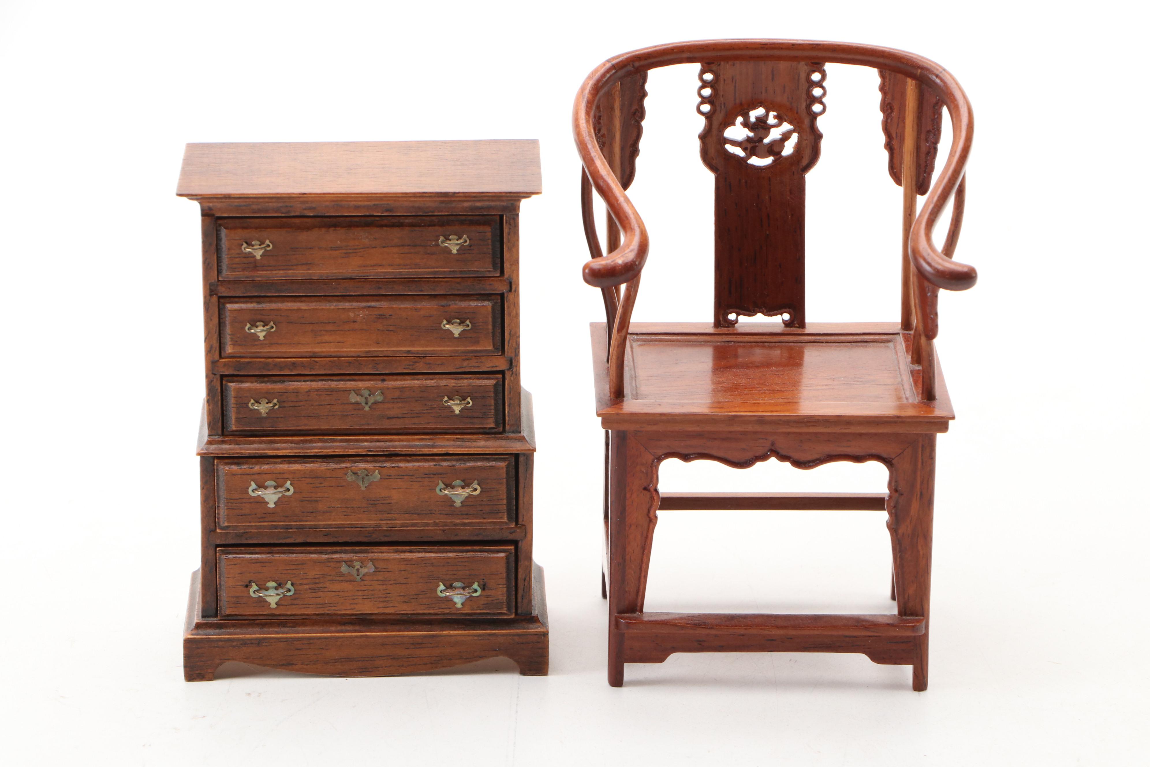 X-Acto William & Mary Tall Case Clock with Other Miniature Wood Furniture