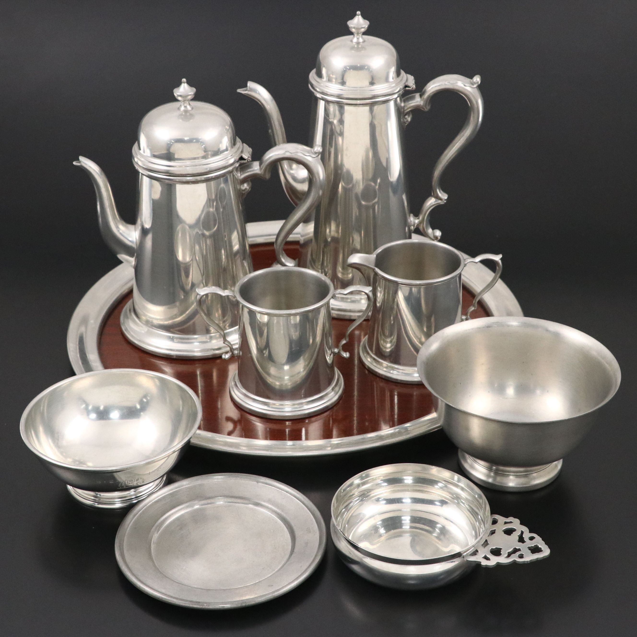 Boardman Tea and Coffee Set with Other Colonial Style Pewter Serving Pieces