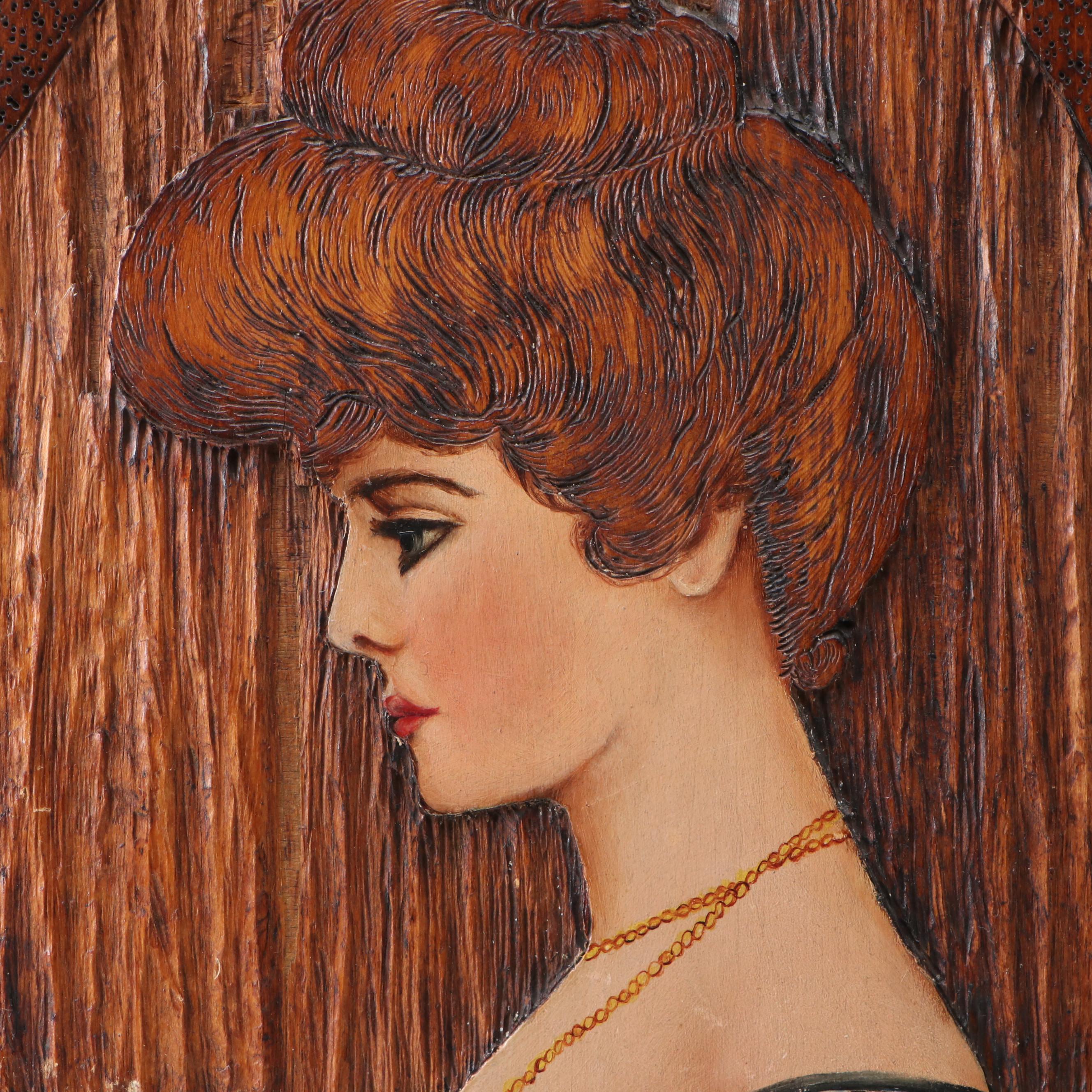 Gibson Girl Style Oil Portrait Paintings on Pyrographed and Carved Wood, 1907