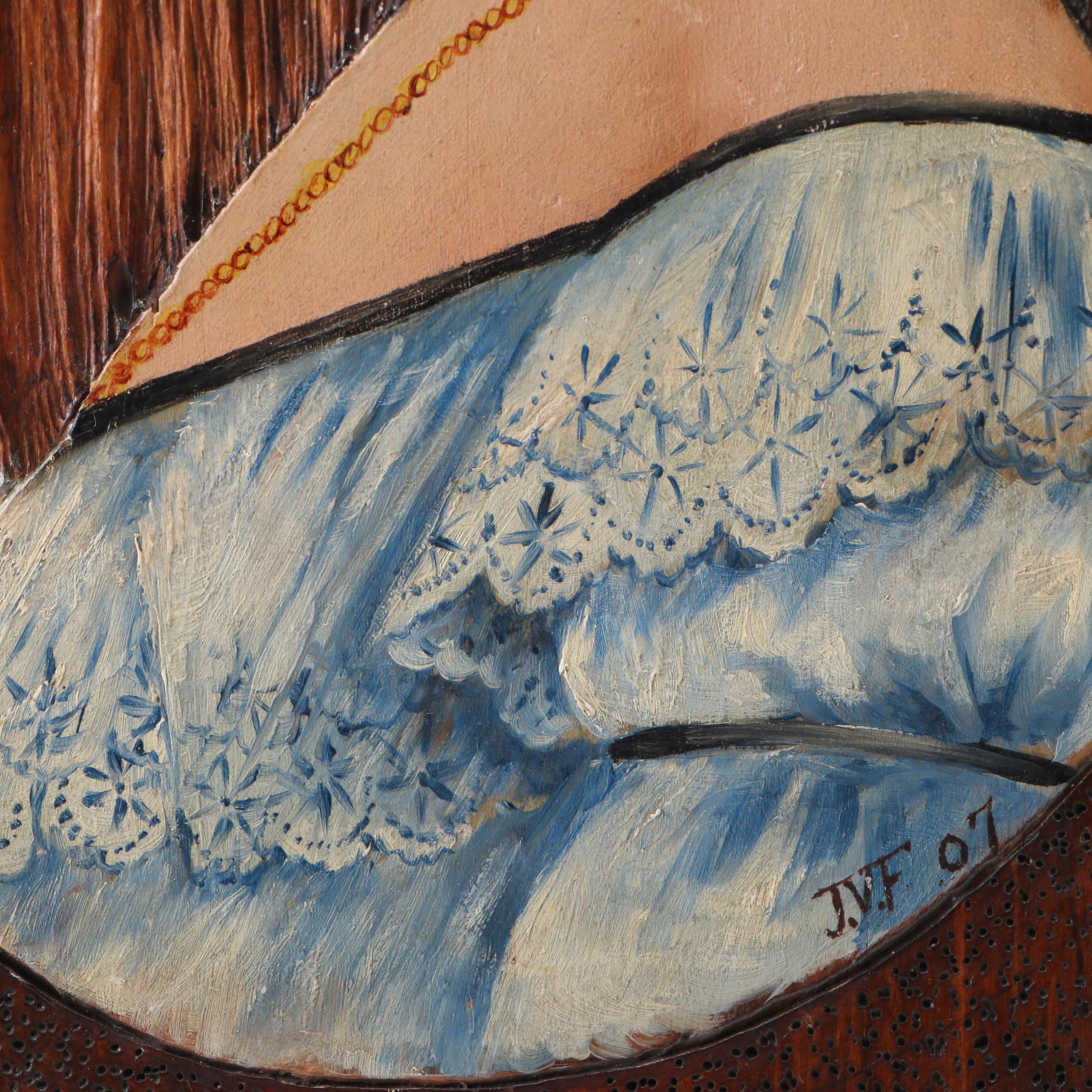 Gibson Girl Style Oil Portrait Paintings on Pyrographed and Carved Wood, 1907