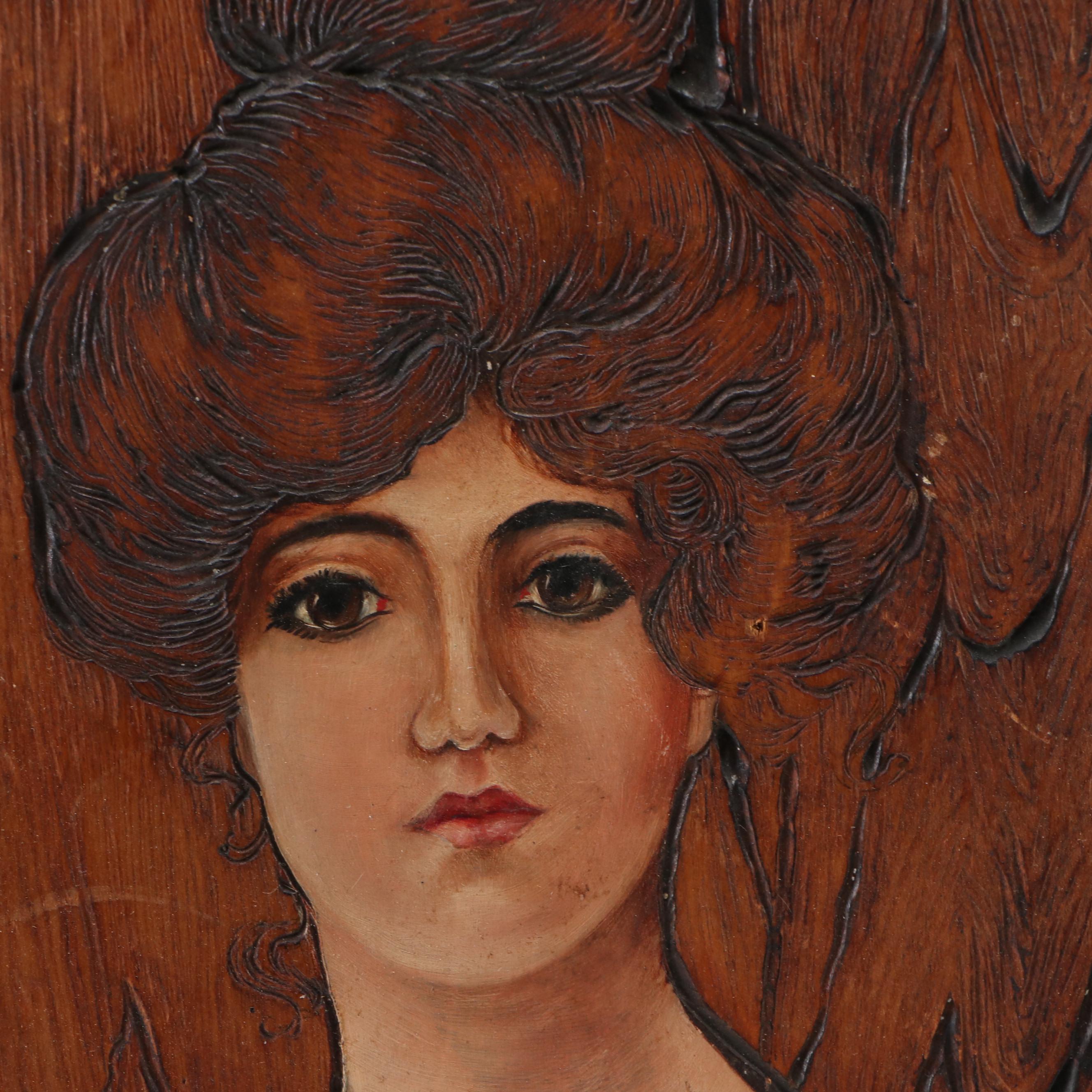 Gibson Girl Style Oil Portrait Paintings on Pyrographed and Carved Wood, 1907