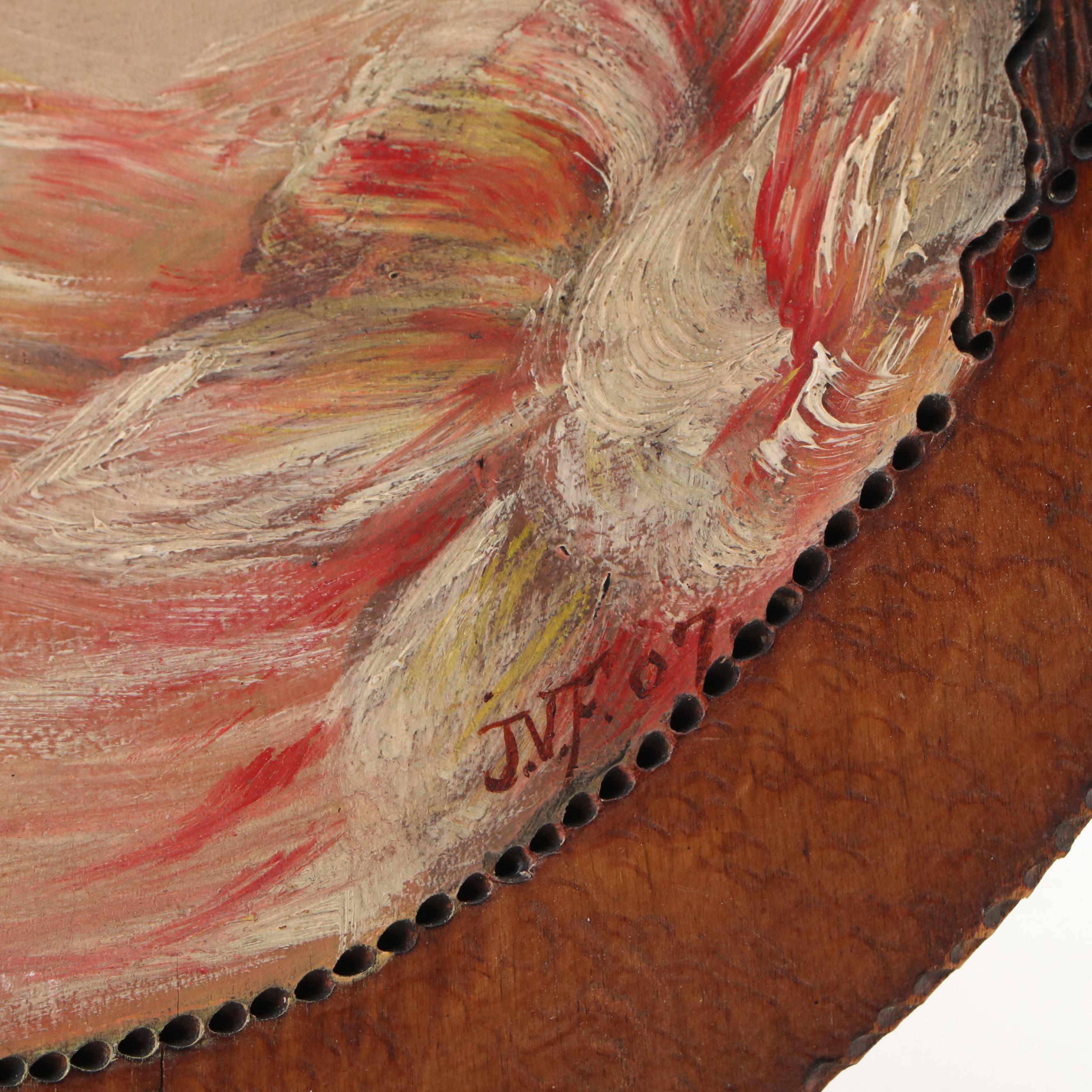 Gibson Girl Style Oil Portrait Paintings on Pyrographed and Carved Wood, 1907