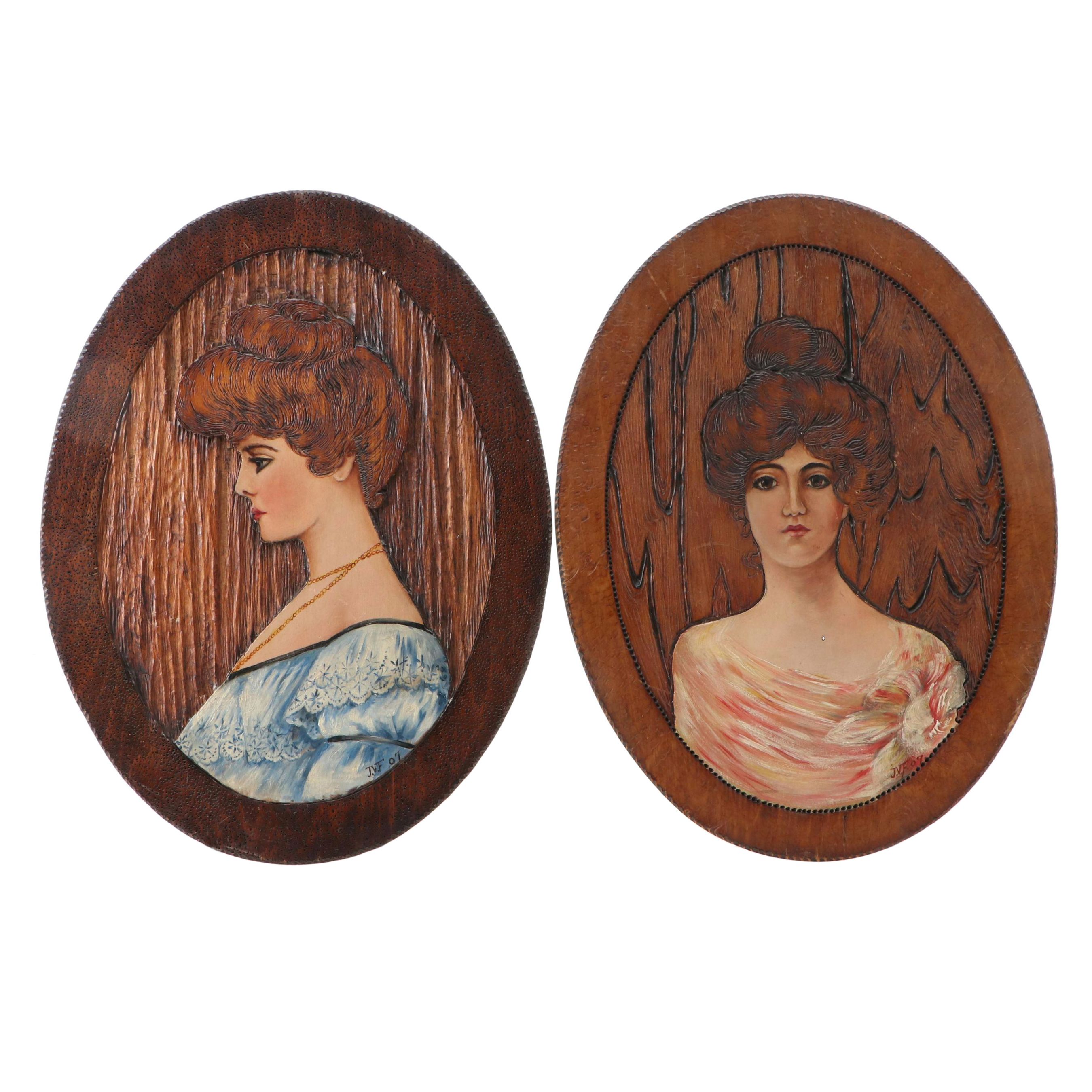 Gibson Girl Style Oil Portrait Paintings on Pyrographed and Carved Wood, 1907