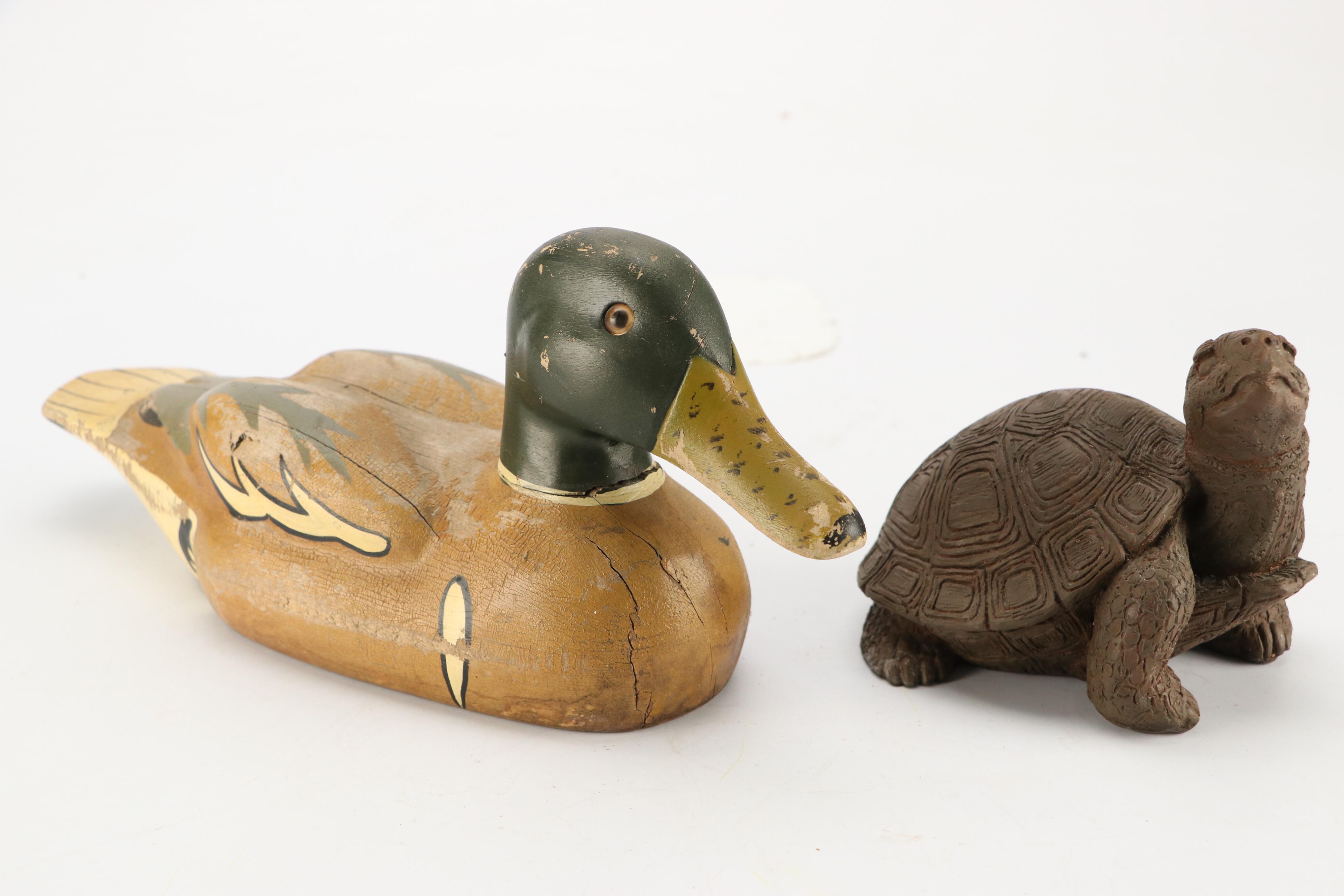 Carved and Hand-Painted Wooden Duck, Acrylic Still Life Painting, and More Décor