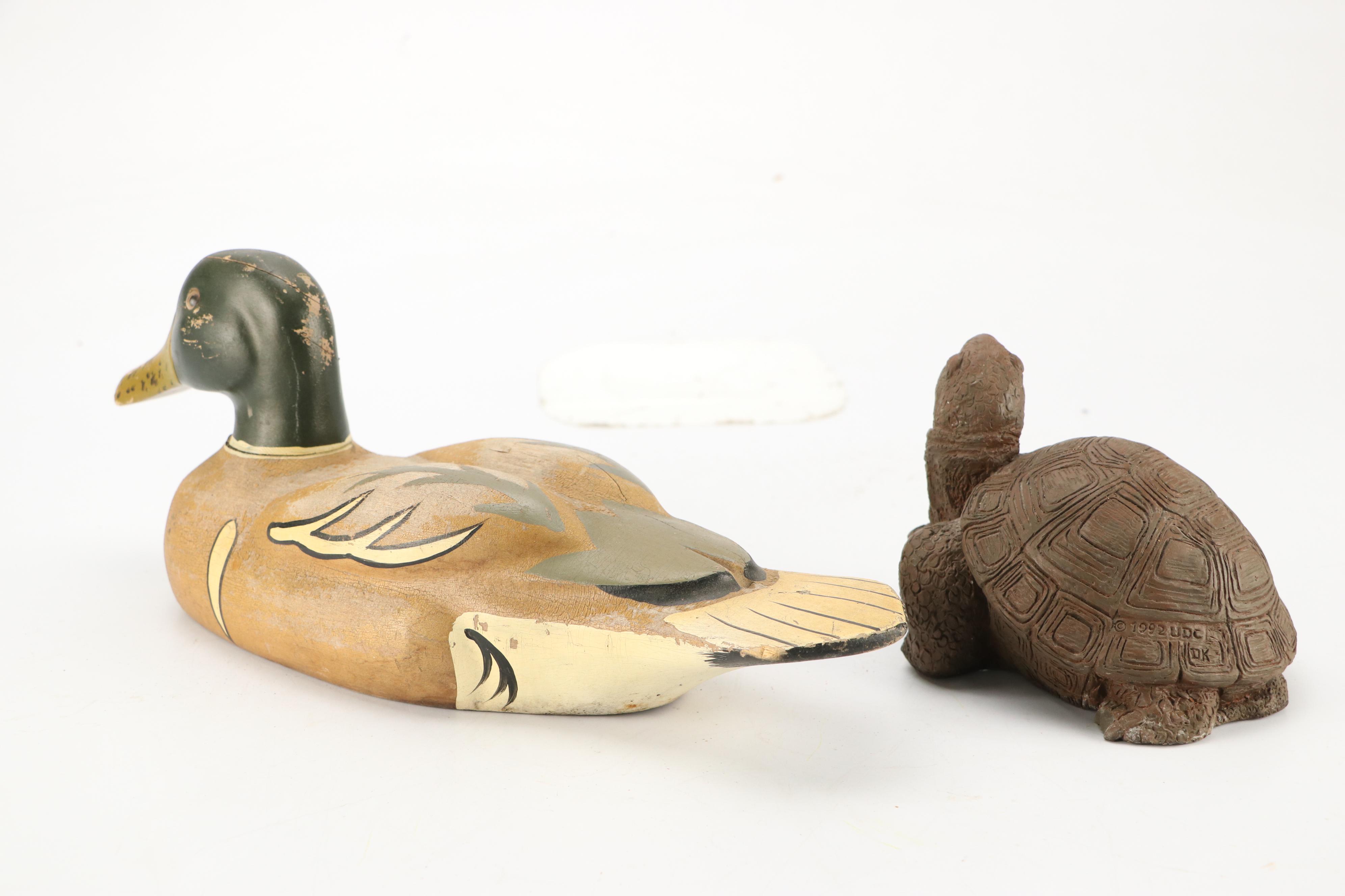 Carved and Hand-Painted Wooden Duck, Acrylic Still Life Painting, and More Décor