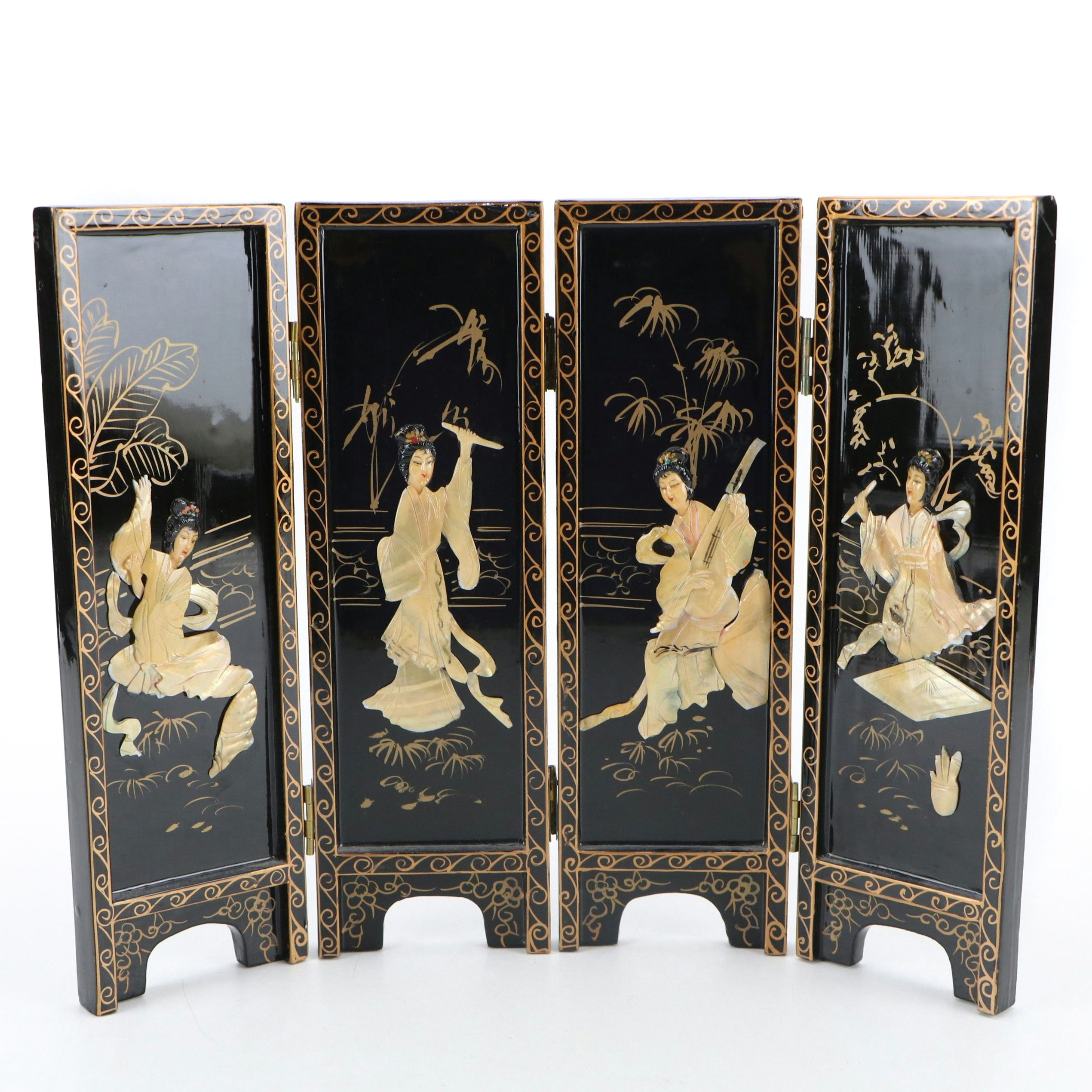 Chinese Lacquered Wood Four-Panel Tabletop Screen
