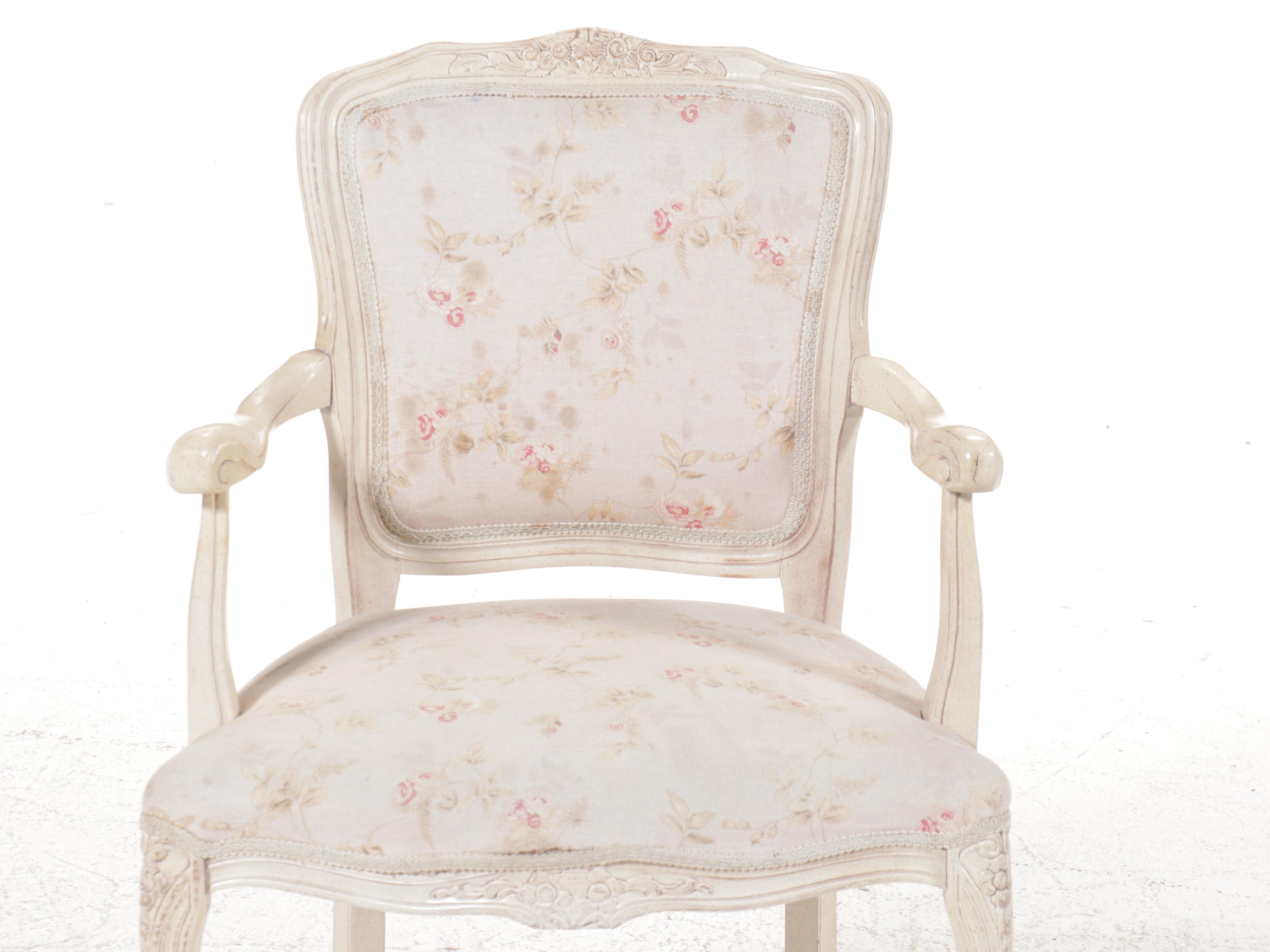 French Provincial Style Floral-Upholstered Painted Wood Fauteuil
