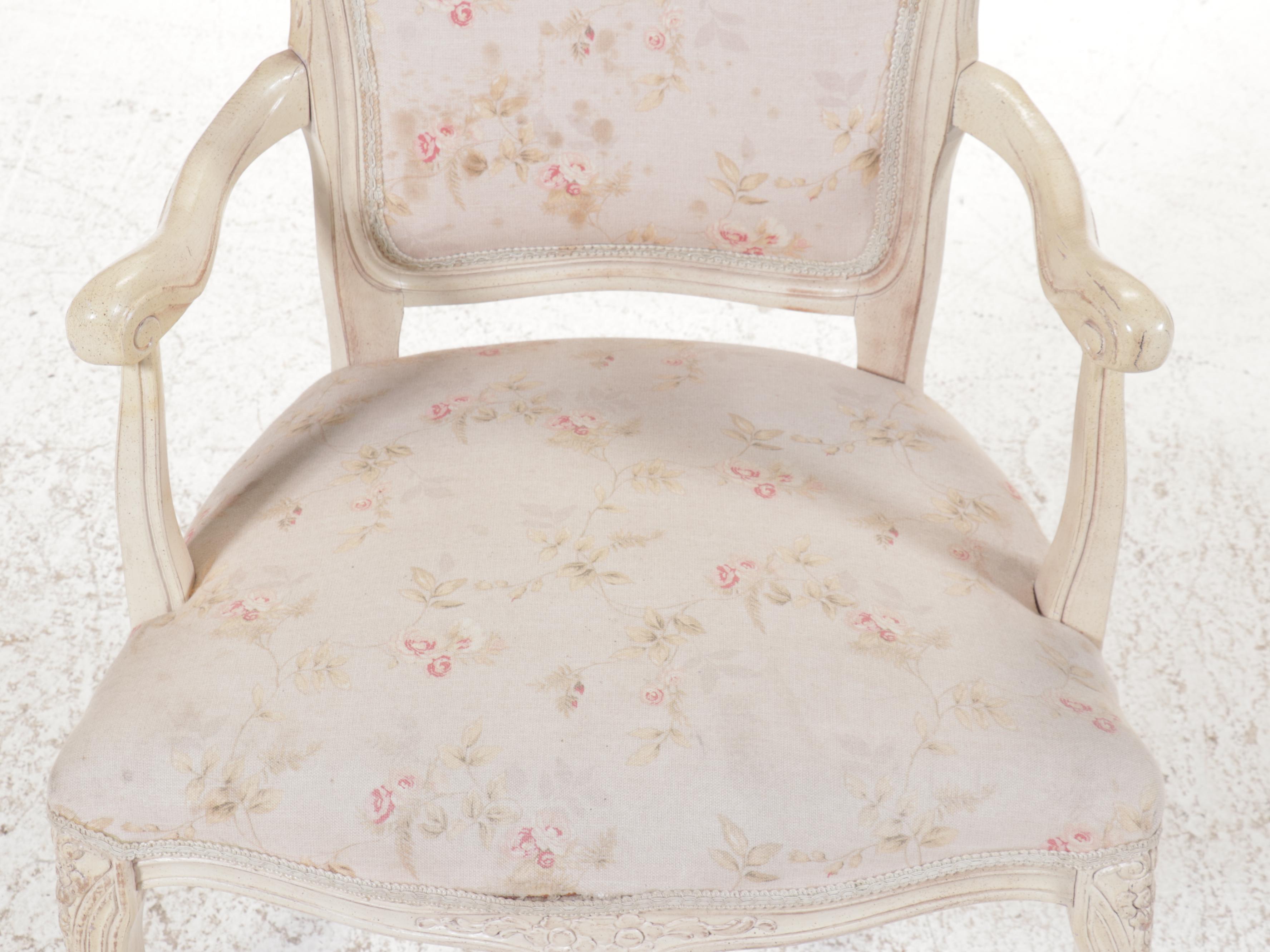 French Provincial Style Floral-Upholstered Painted Wood Fauteuil