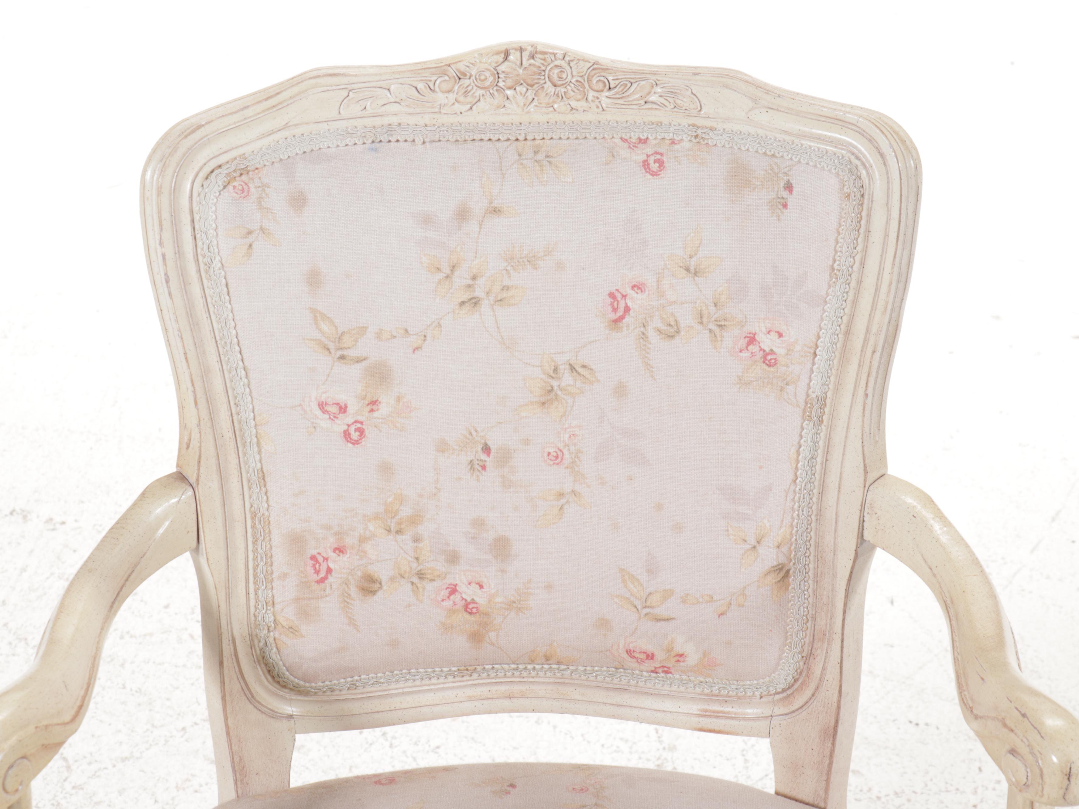 French Provincial Style Floral-Upholstered Painted Wood Fauteuil
