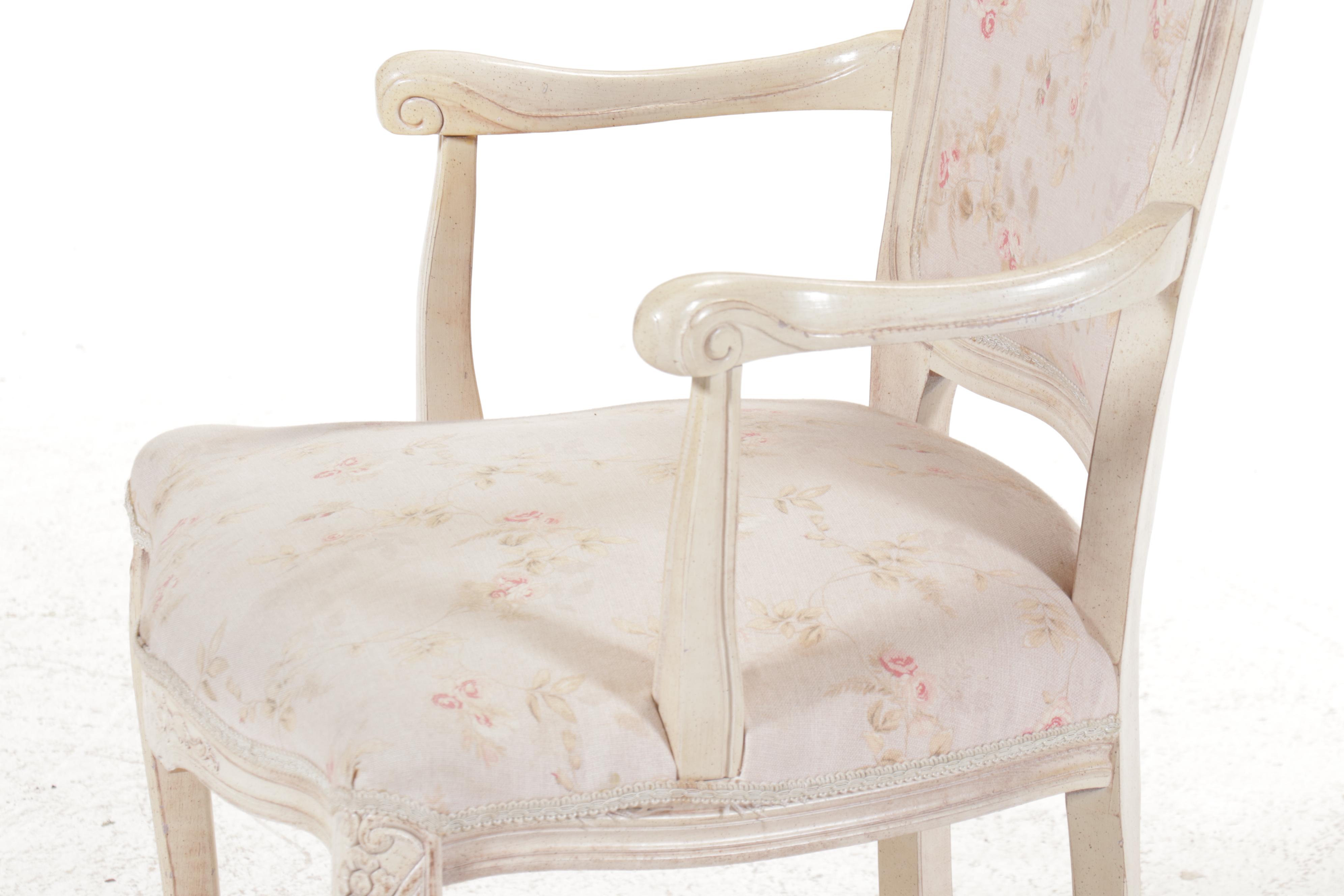 French Provincial Style Floral-Upholstered Painted Wood Fauteuil