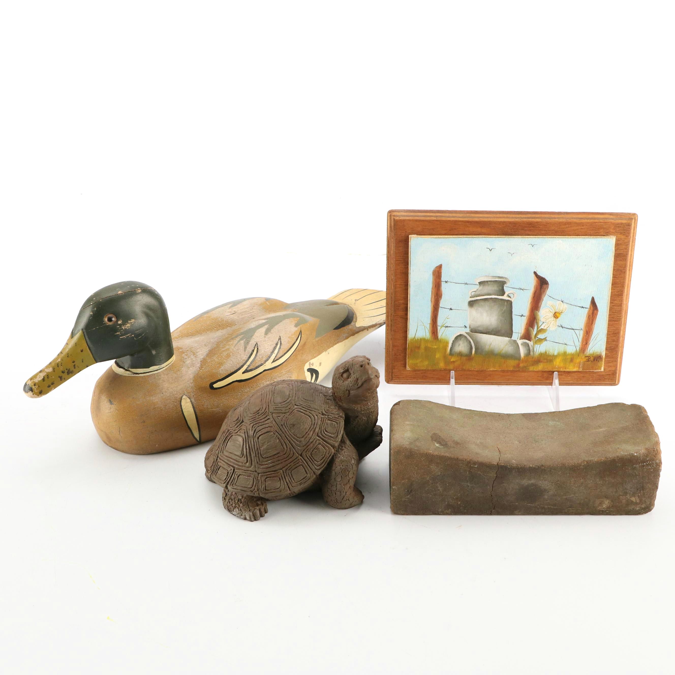 Carved and Hand-Painted Wooden Duck, Acrylic Still Life Painting, and More Décor
