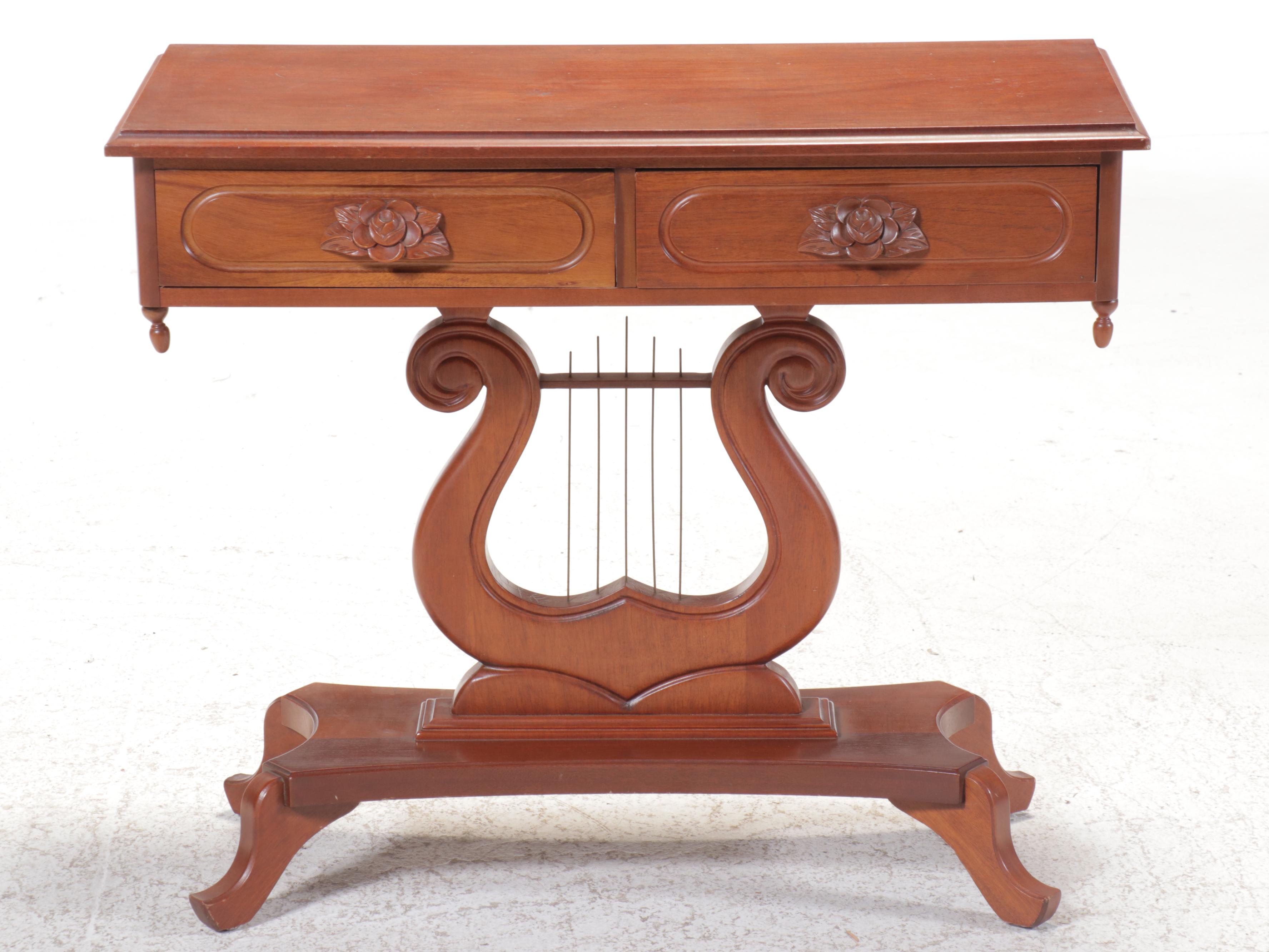 Late Victorian Lyre Base Walnut Console Table, Early 20th Century