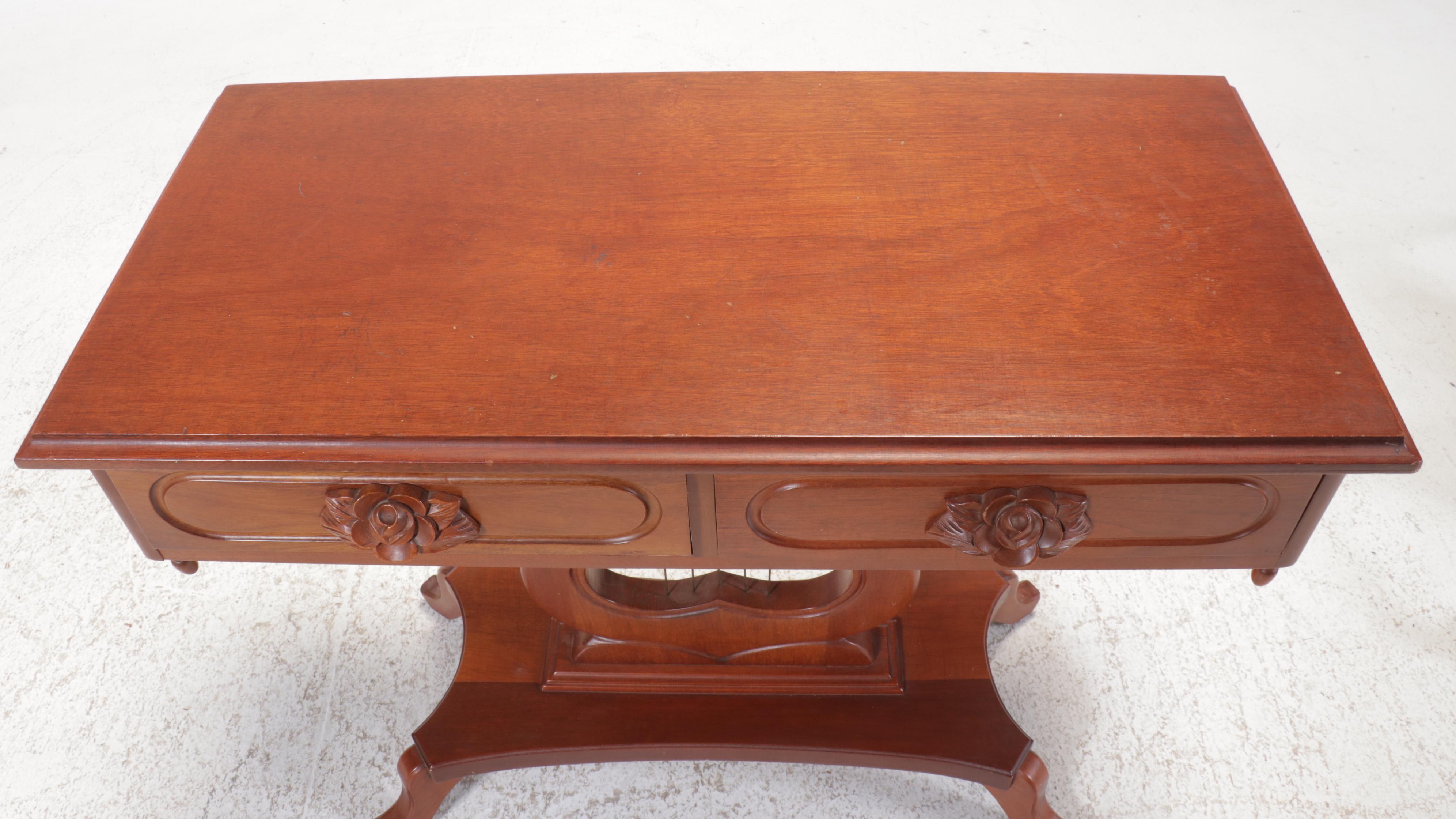 Late Victorian Lyre Base Walnut Console Table, Early 20th Century
