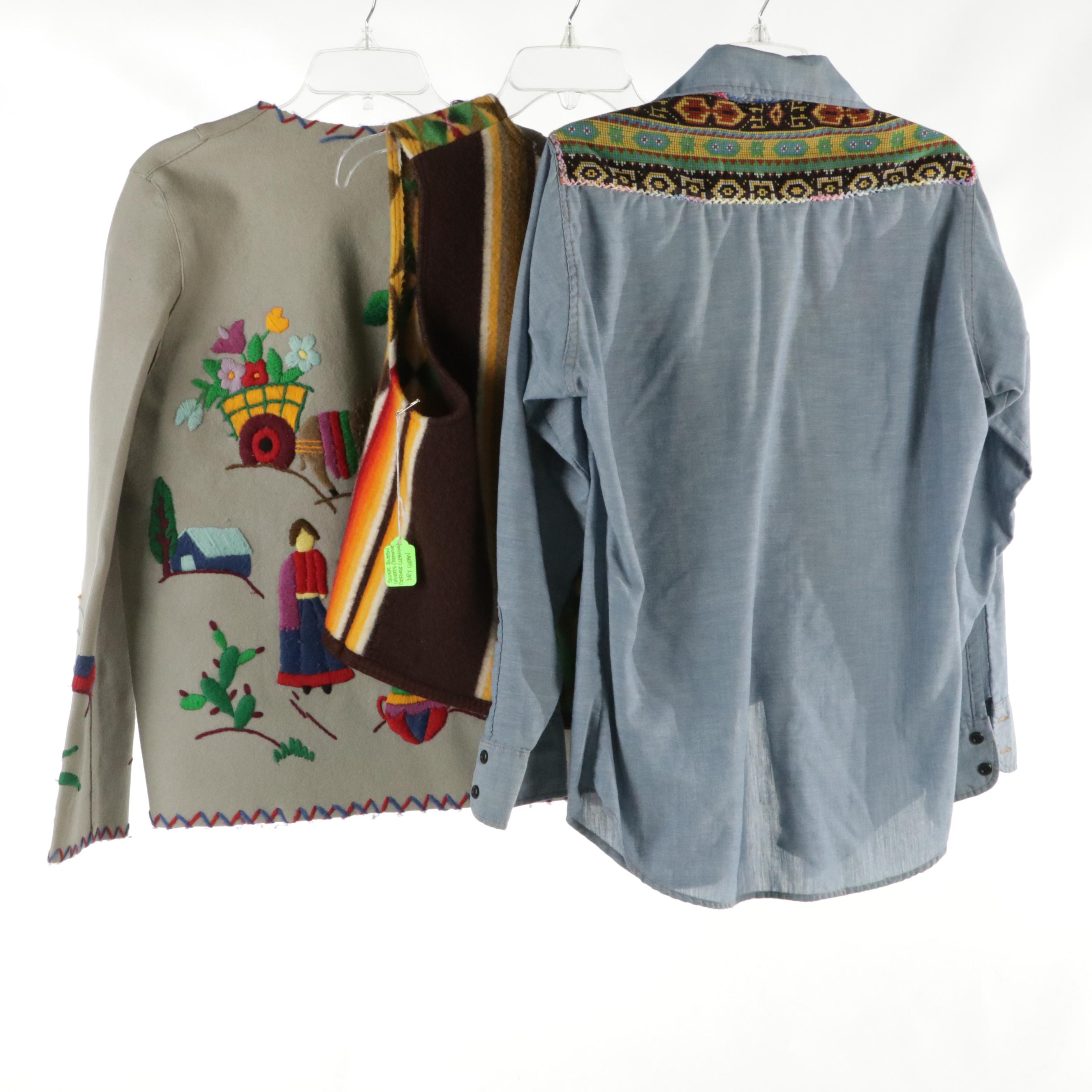 Hand-Embroidered Mexican Jacket, Patchwork Shirt, and Blanket Vest