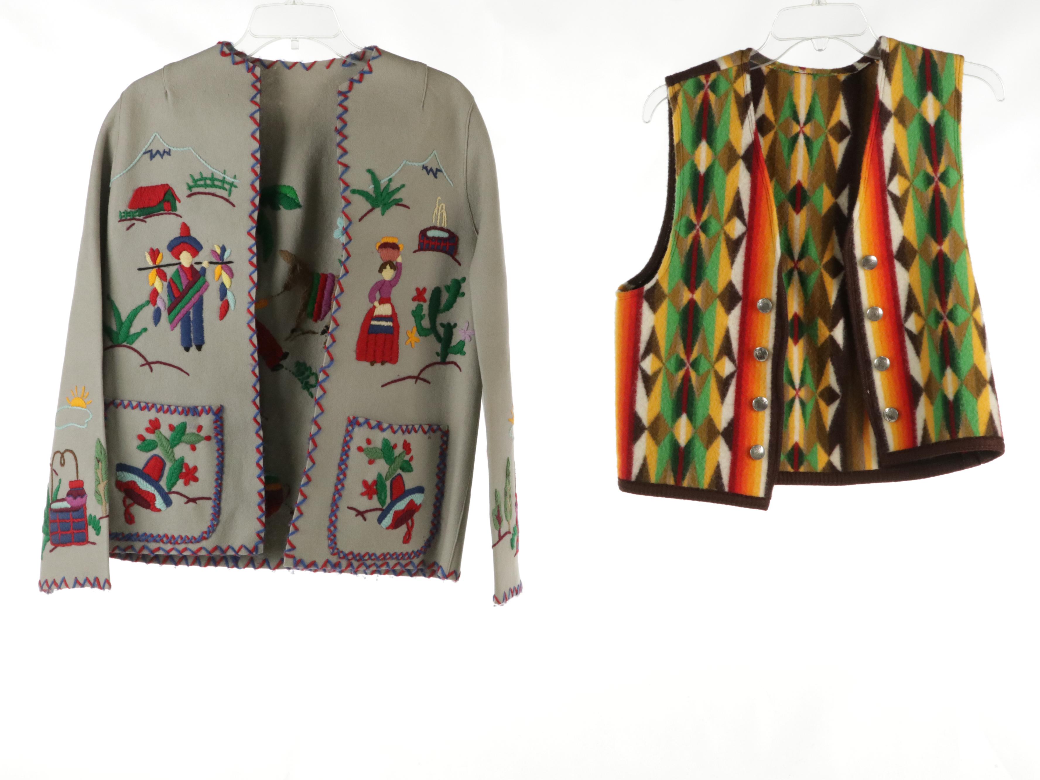 Hand-Embroidered Mexican Jacket, Patchwork Shirt, and Blanket Vest