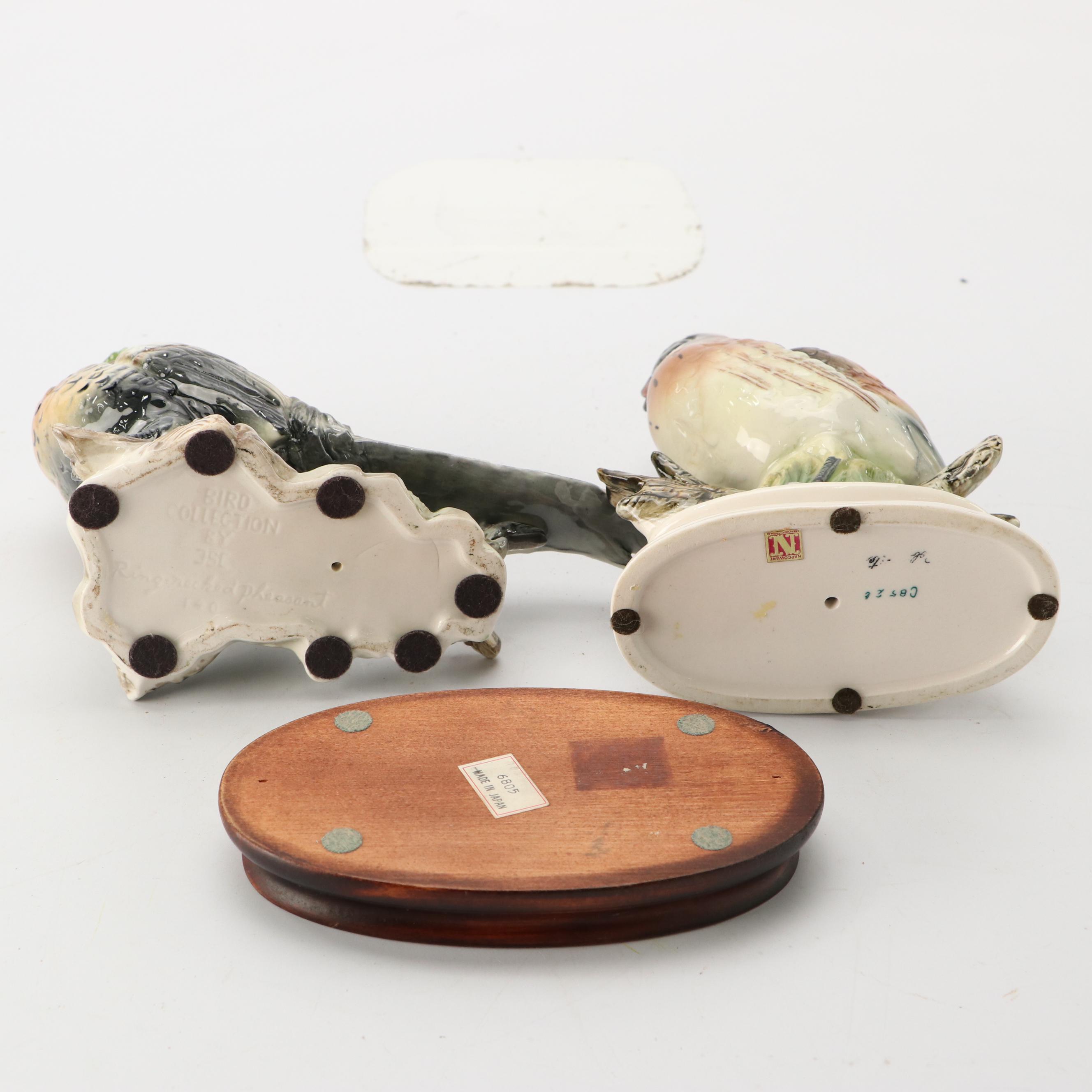 JSC "Ring-Necked Pheasant" and Other Porcelain Bird with Wood Base