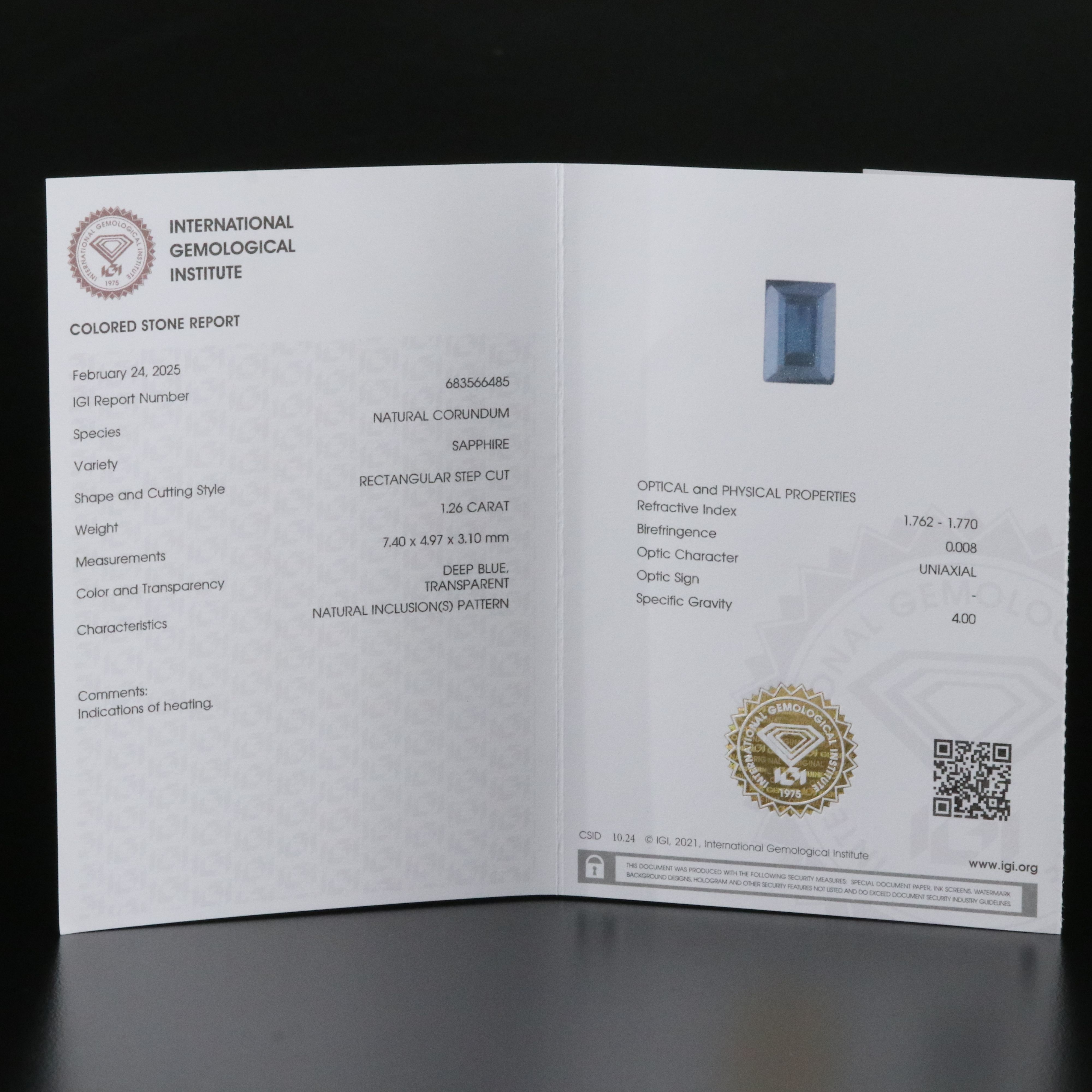 Loose 1.26 CT Sapphire with IGI Report