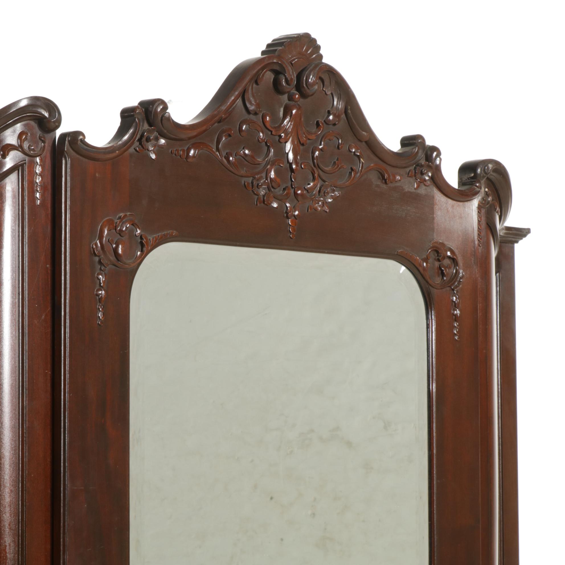 Carved Louis XV Style Mahogany Armoire with Mirrored Door, Early 20th Century