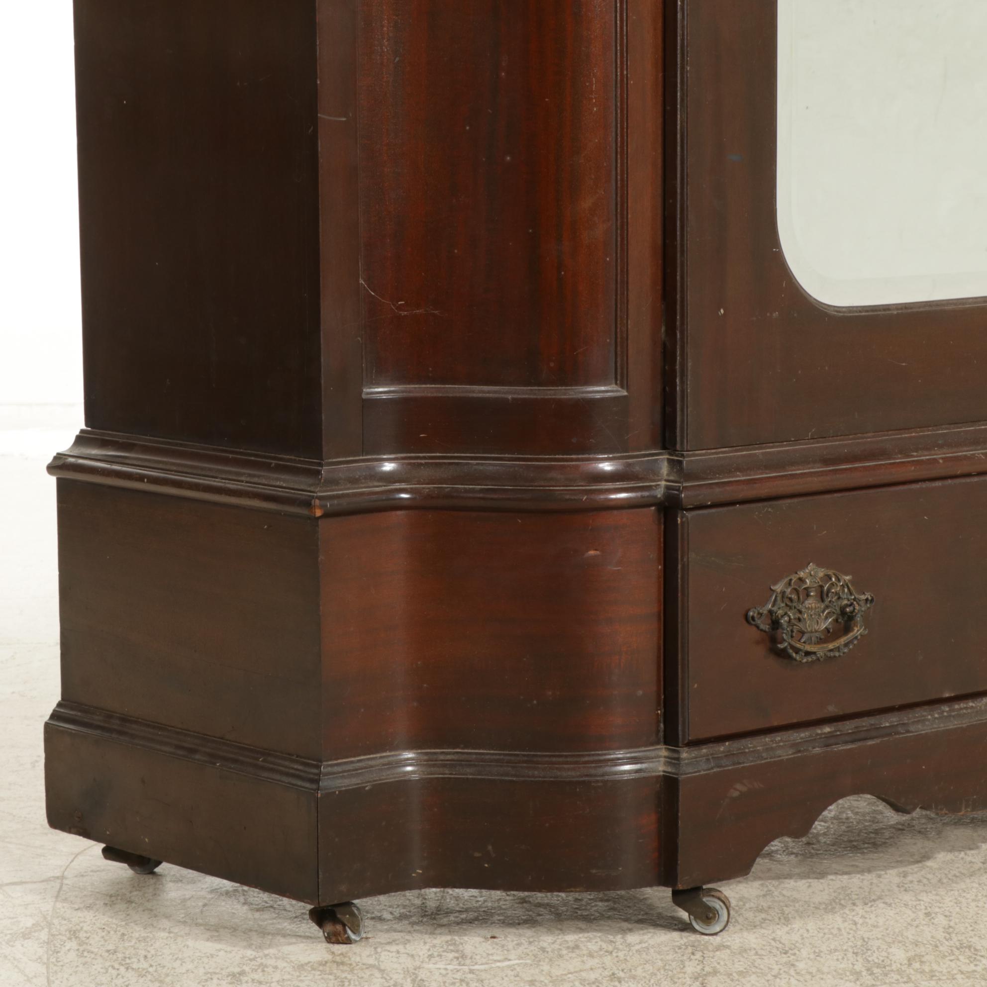 Carved Louis XV Style Mahogany Armoire with Mirrored Door, Early 20th Century