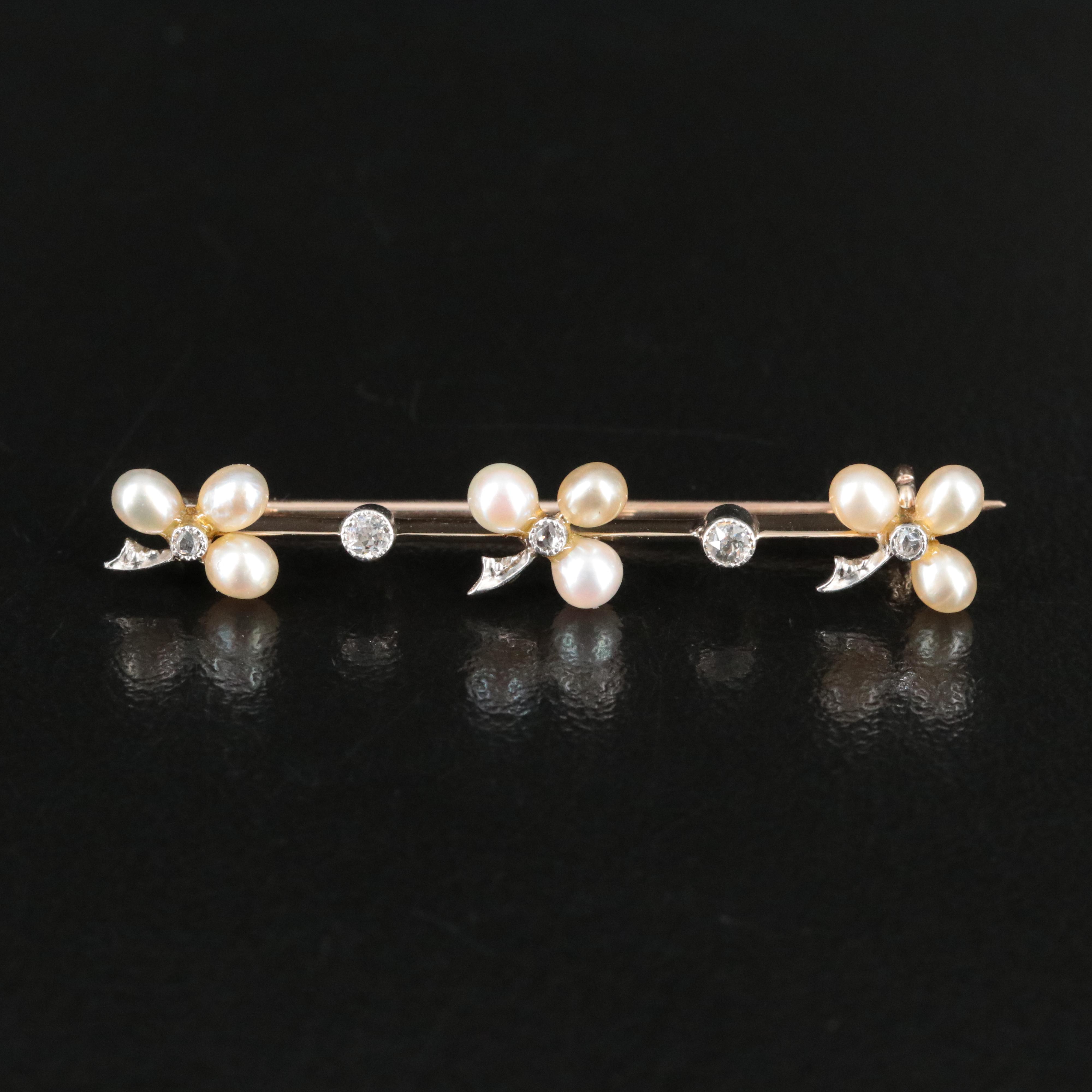 Antique 14K Seed Pearl and 0.08 CTW Diamond Clover Brooch with Platinum Accents