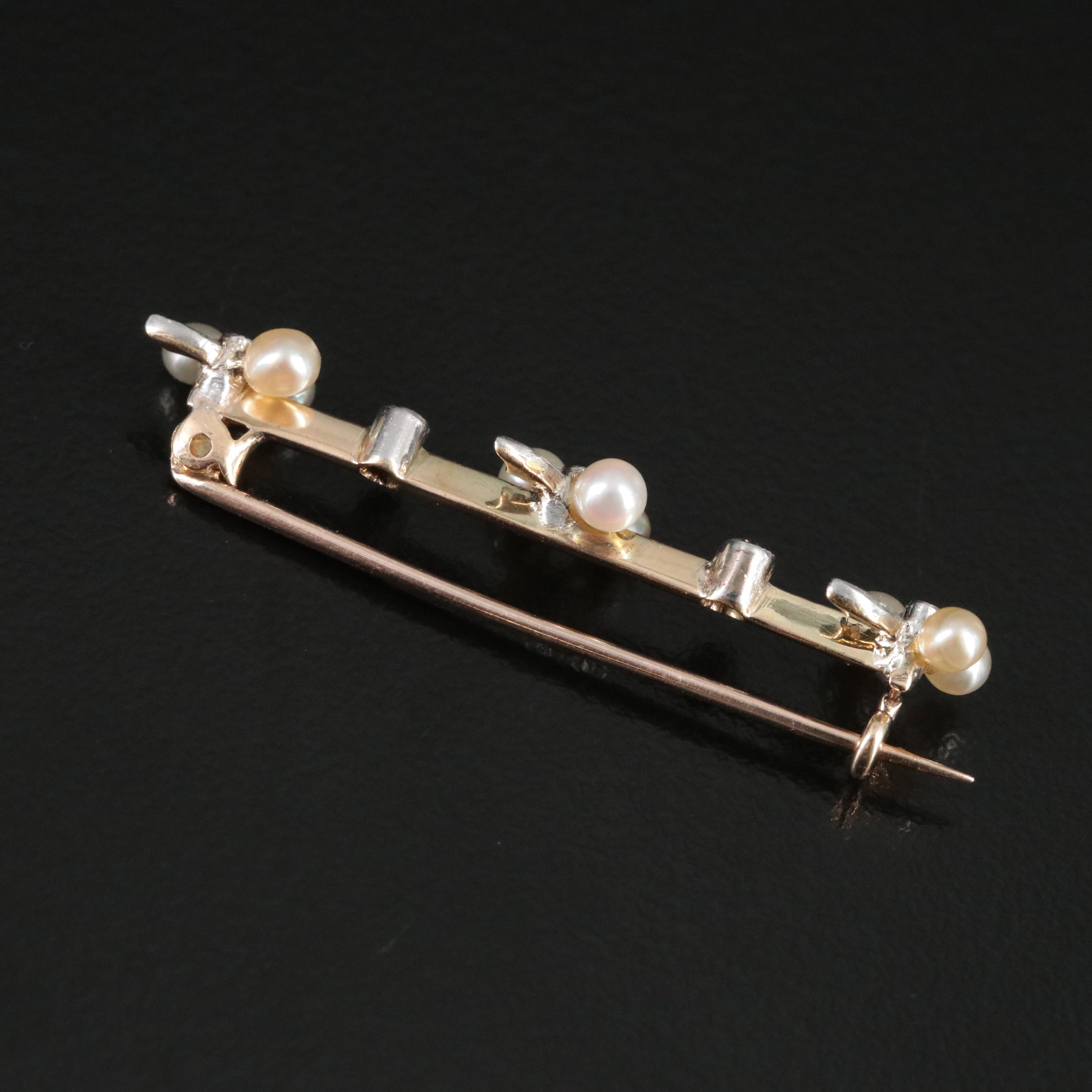 Antique 14K Seed Pearl and 0.08 CTW Diamond Clover Brooch with Platinum Accents