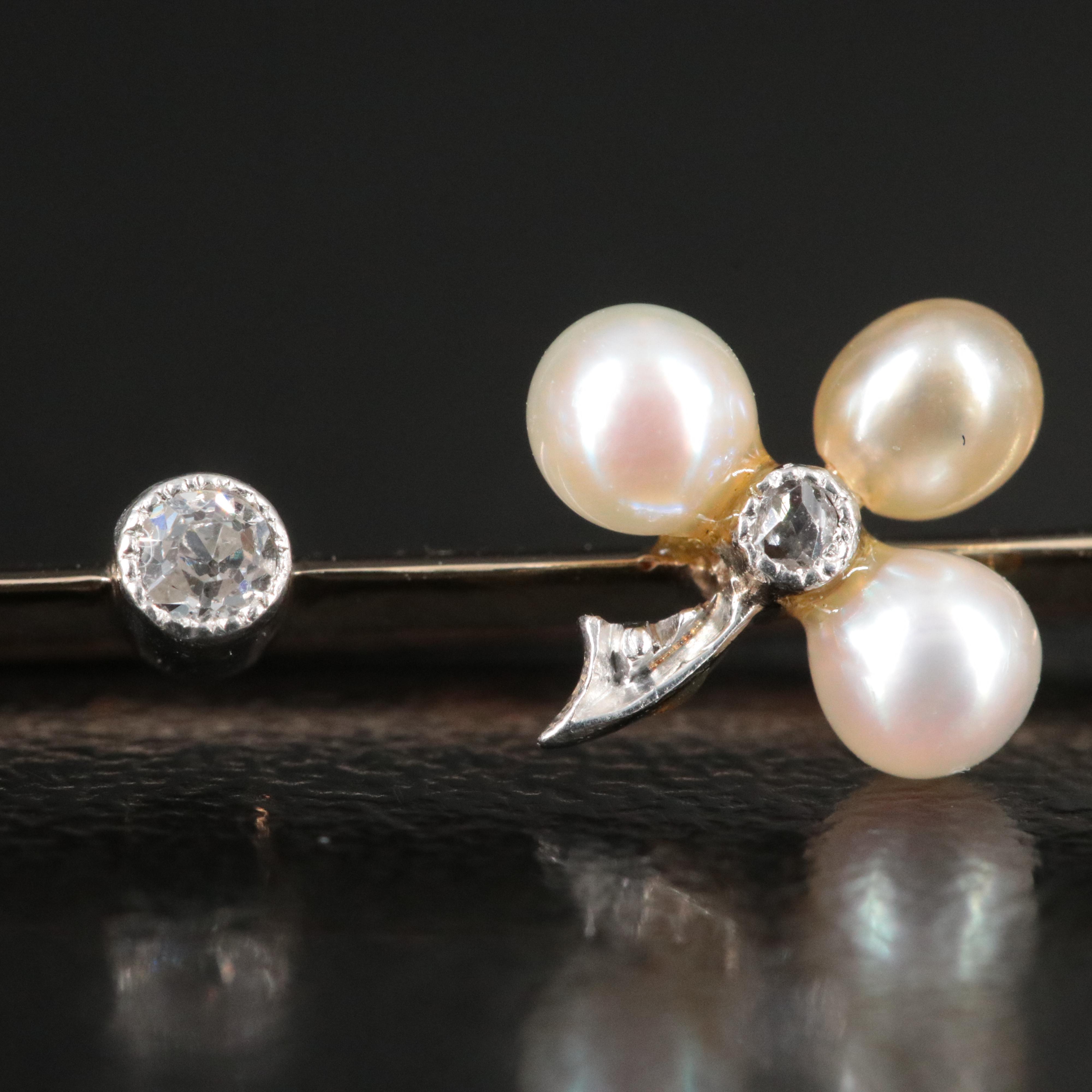 Antique 14K Seed Pearl and 0.08 CTW Diamond Clover Brooch with Platinum Accents