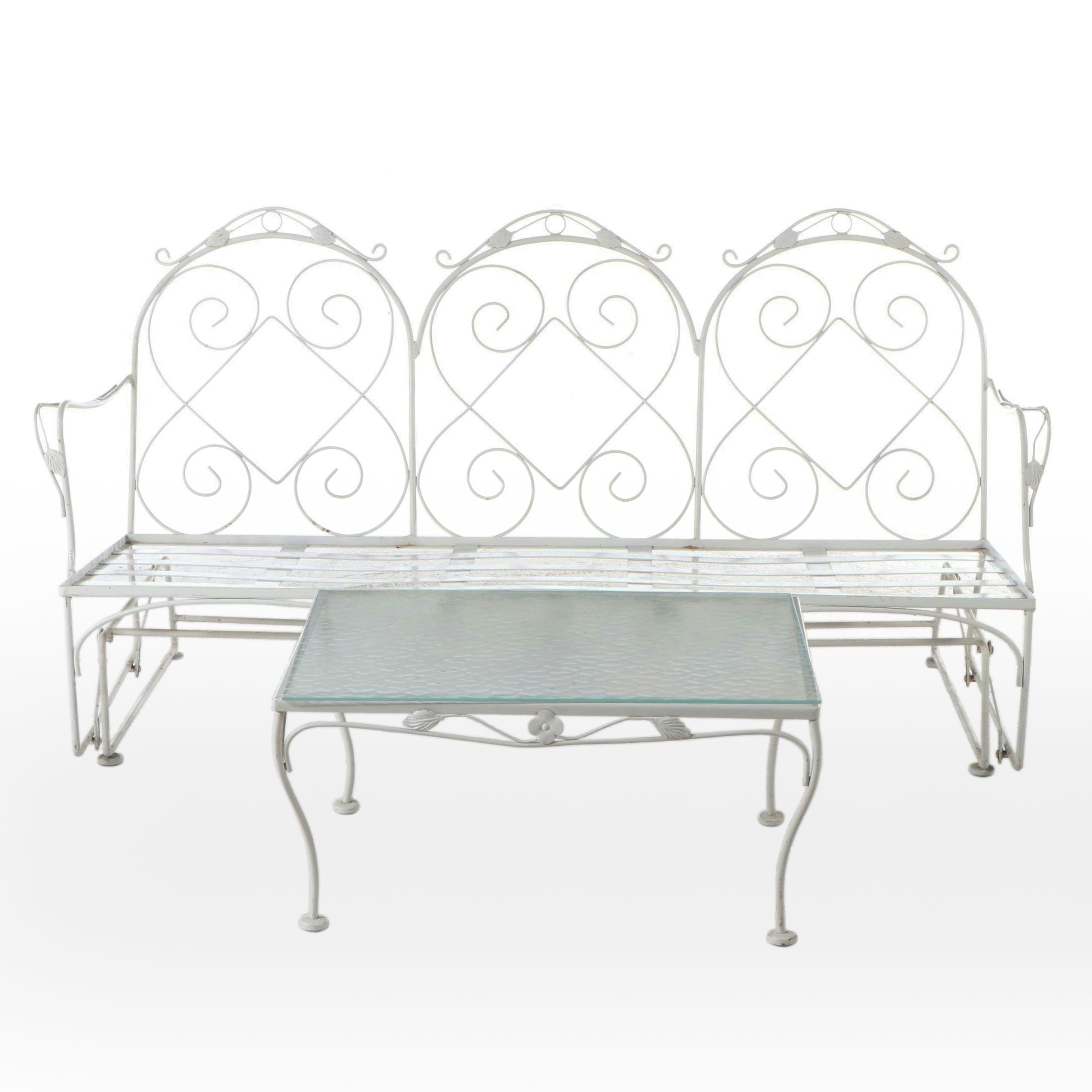 White-Painted Wrought Iron Patio Glider and Glass Top Side Table