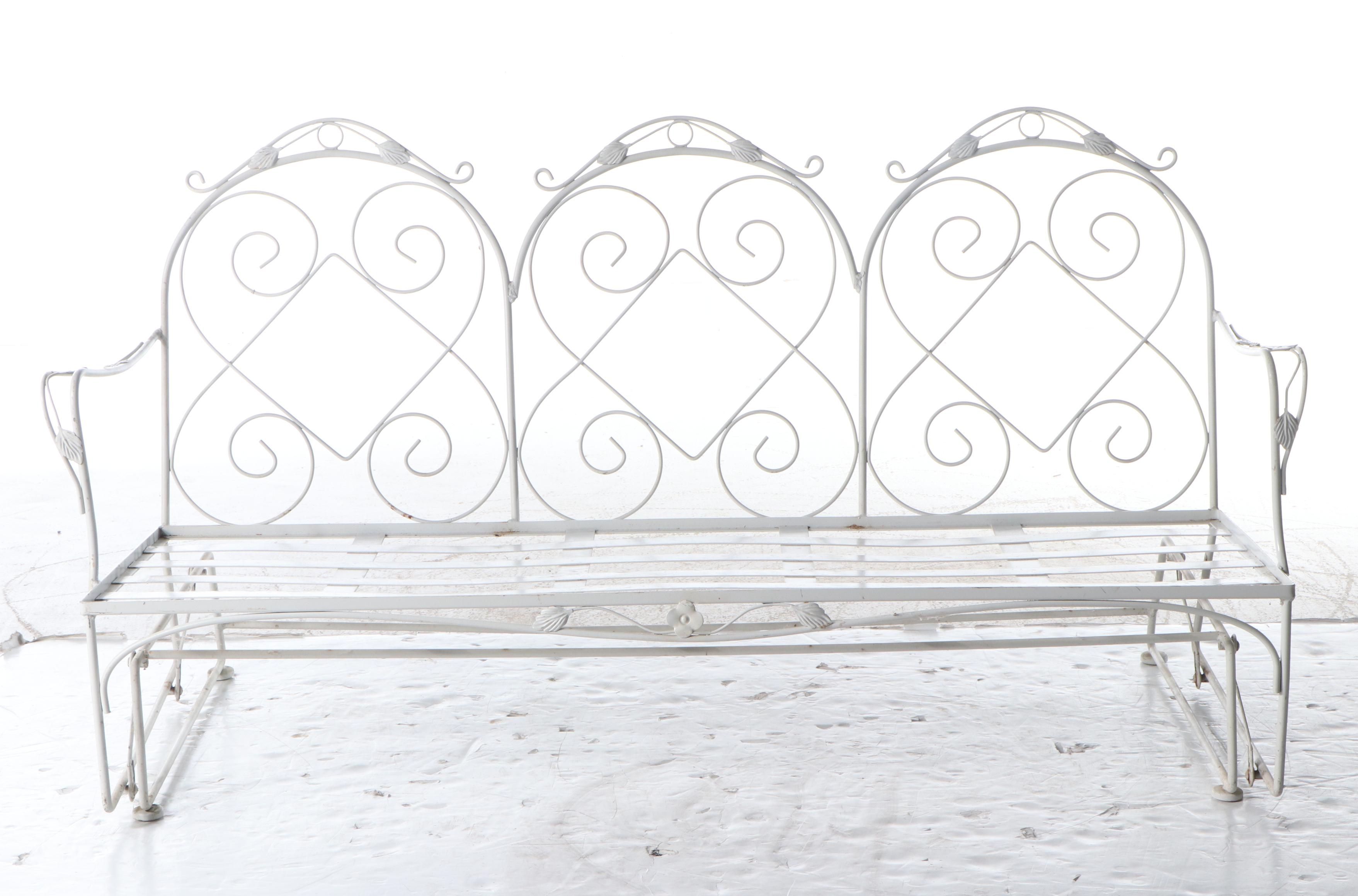 White-Painted Wrought Iron Patio Glider and Glass Top Side Table