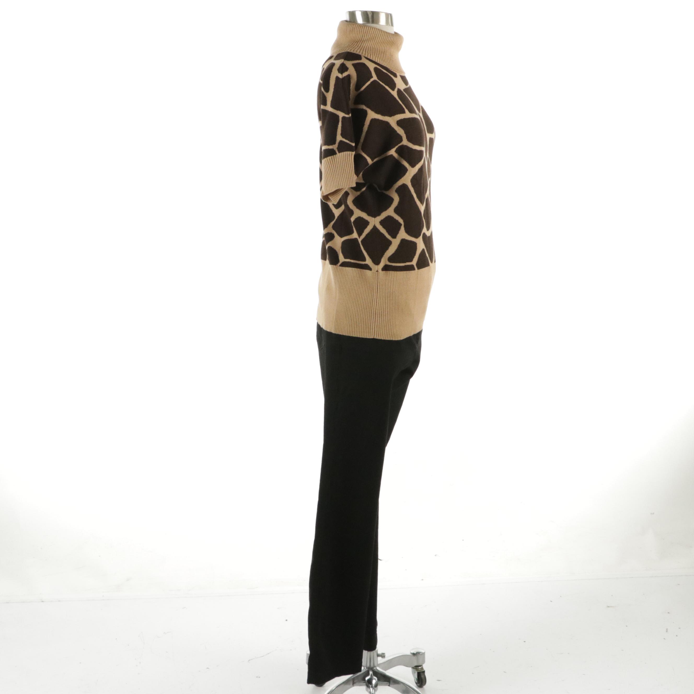 Escada Girraffe Print Wool Blend Turtleneck Short Sleeve Sweater & Stretch Jeans