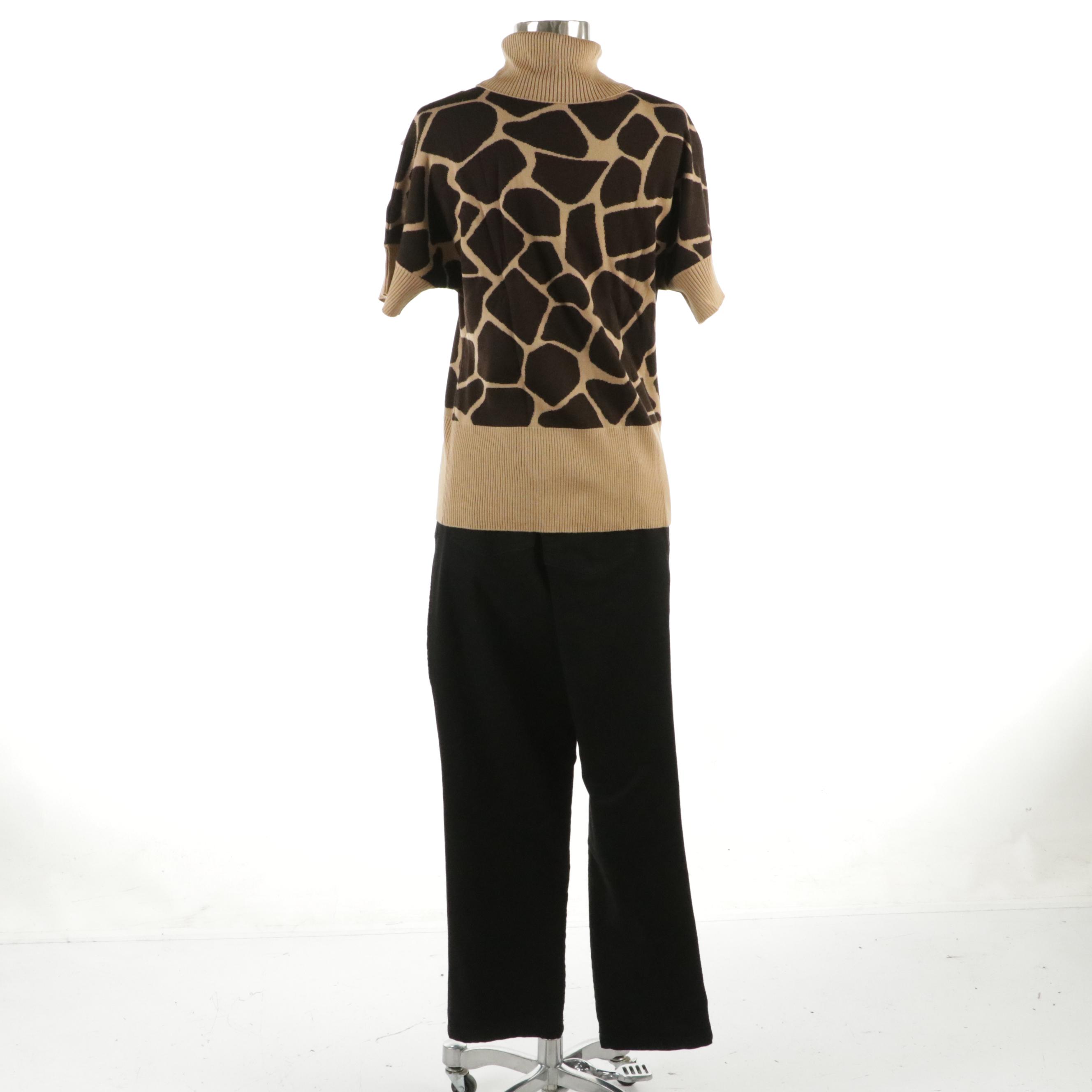 Escada Girraffe Print Wool Blend Turtleneck Short Sleeve Sweater & Stretch Jeans
