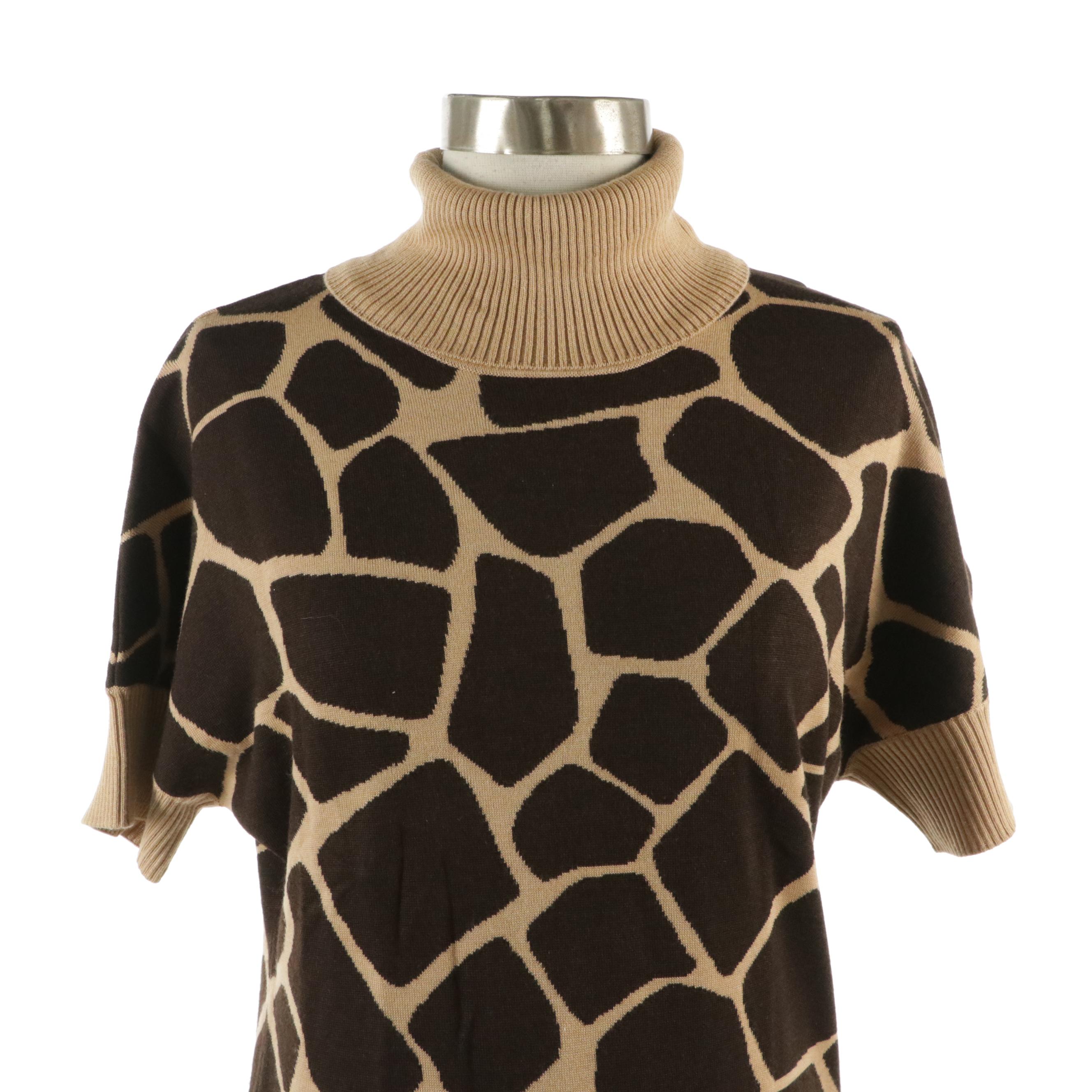 Escada Girraffe Print Wool Blend Turtleneck Short Sleeve Sweater & Stretch Jeans