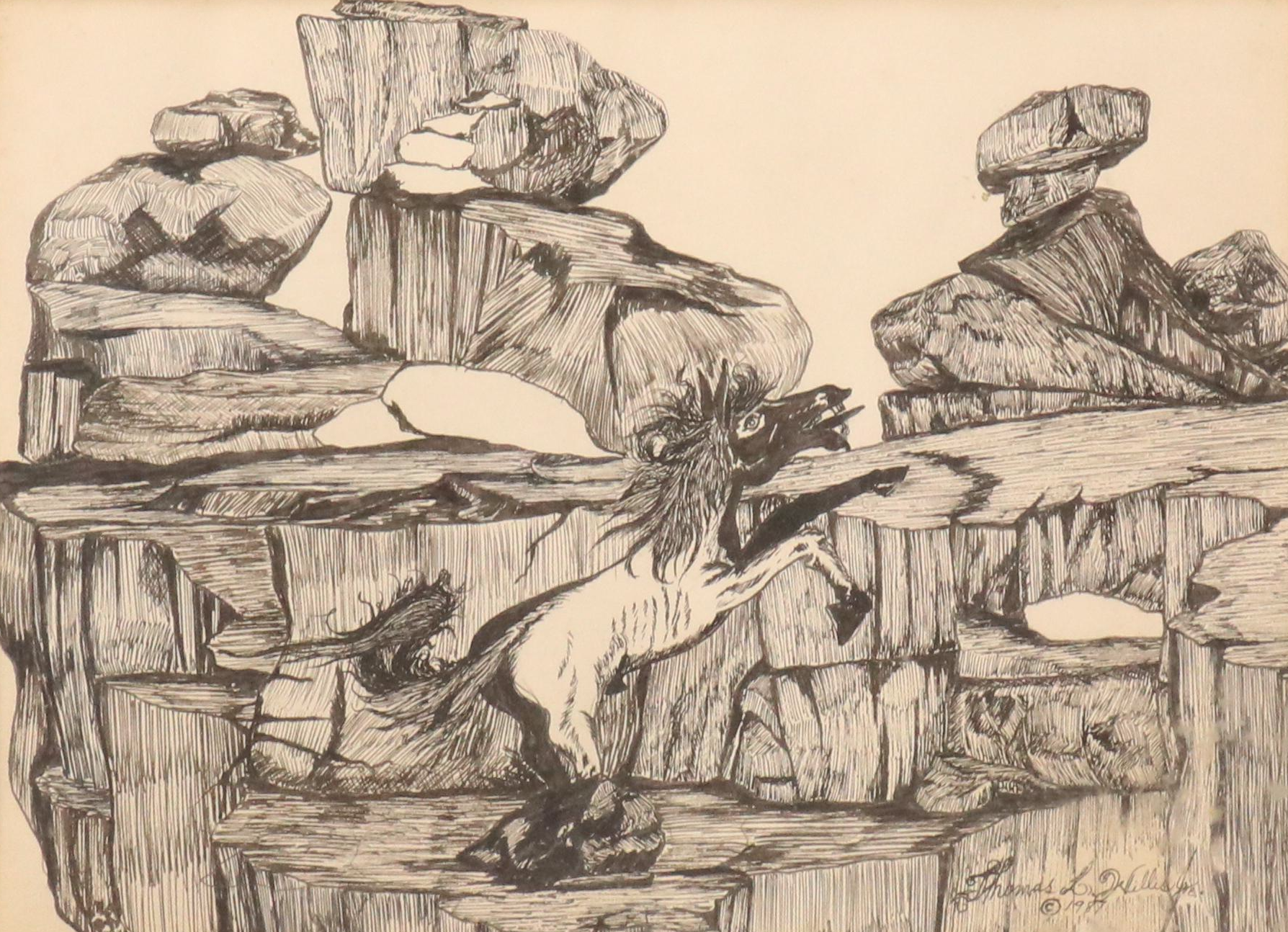 Thomas L. Willispie Canyon Landscaoe Ink Drawing with Horse, 1987