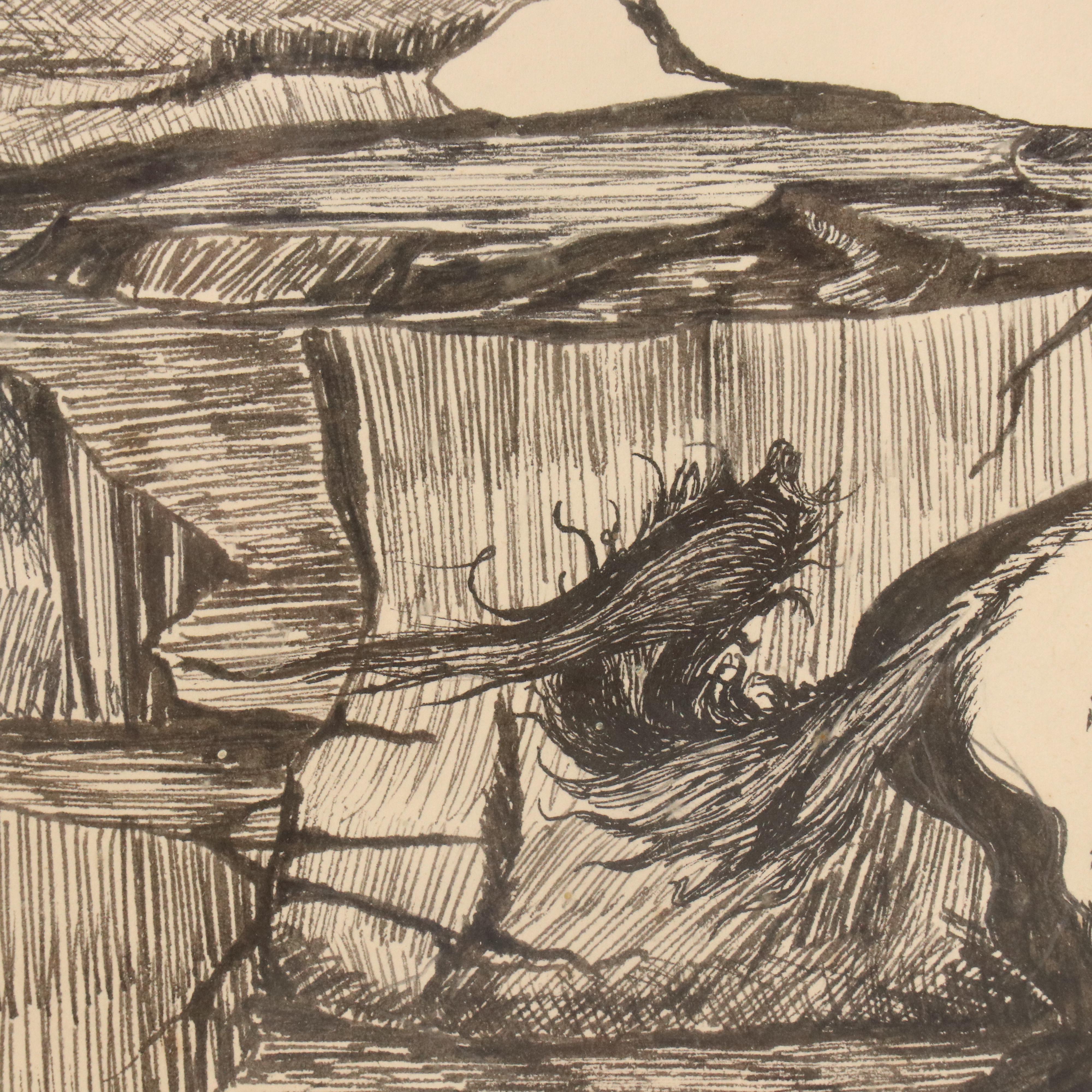 Thomas L. Willispie Canyon Landscaoe Ink Drawing with Horse, 1987
