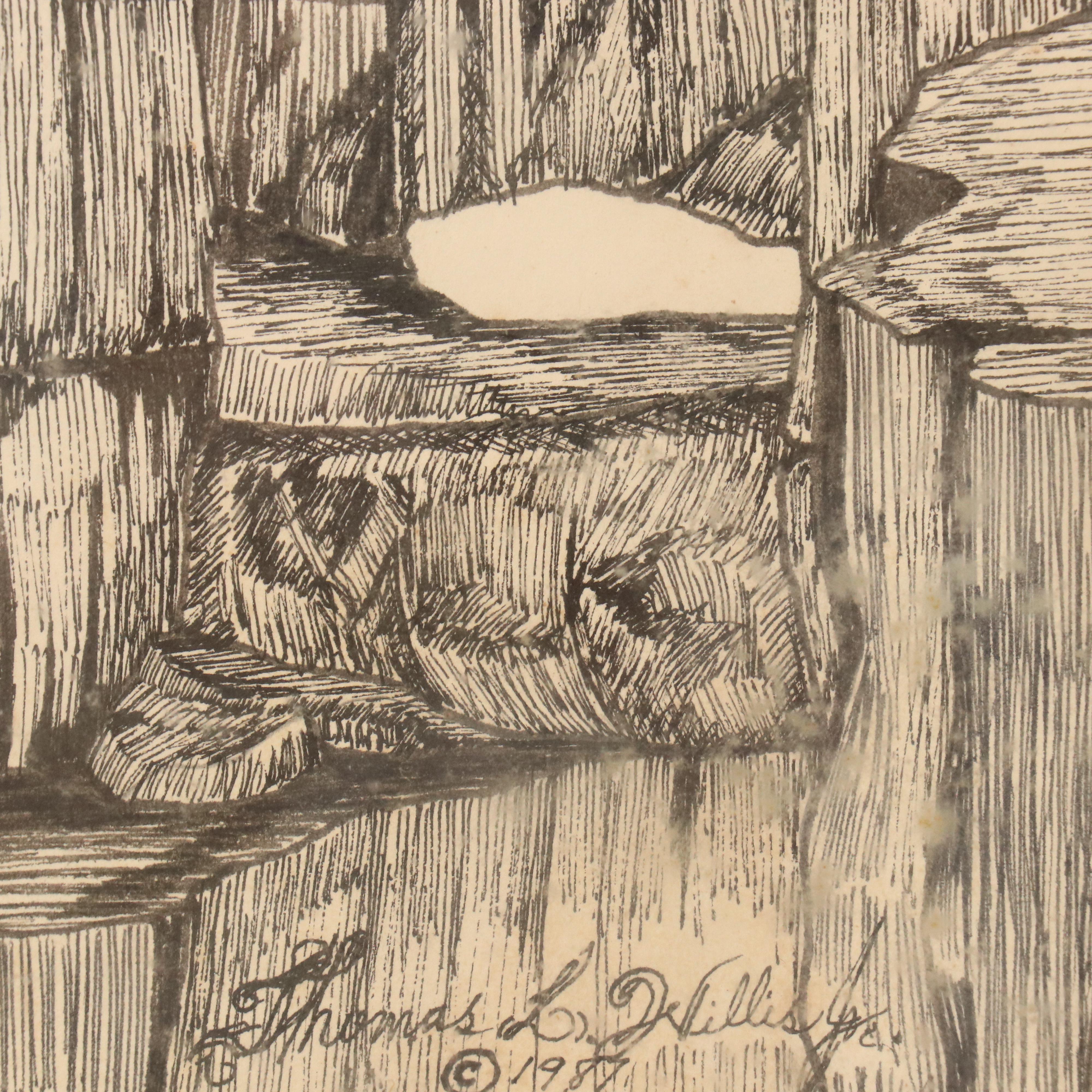 Thomas L. Willispie Canyon Landscaoe Ink Drawing with Horse, 1987