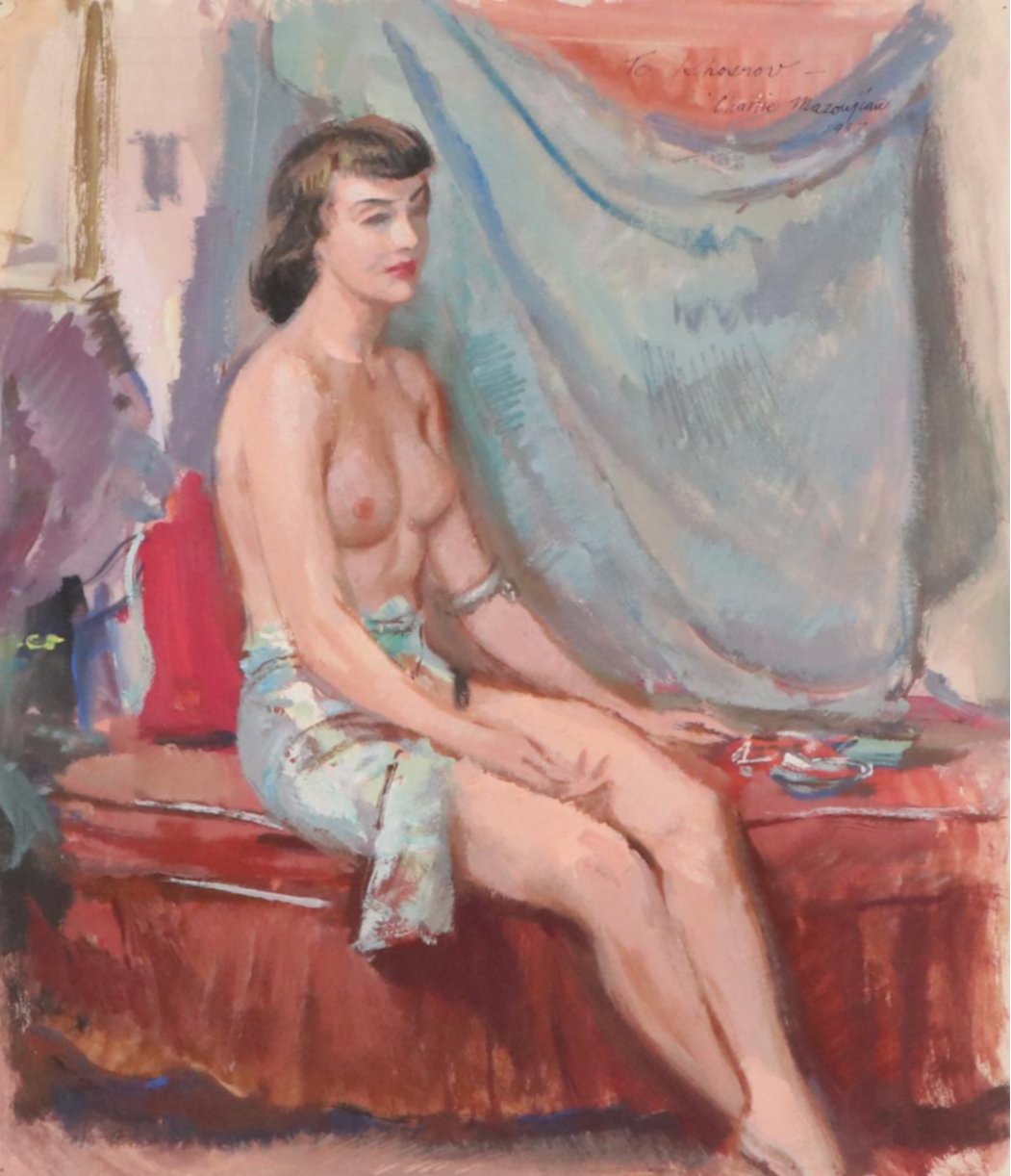 Charlie Mazoujian Gouache Painting Study of Female Nude, 1957