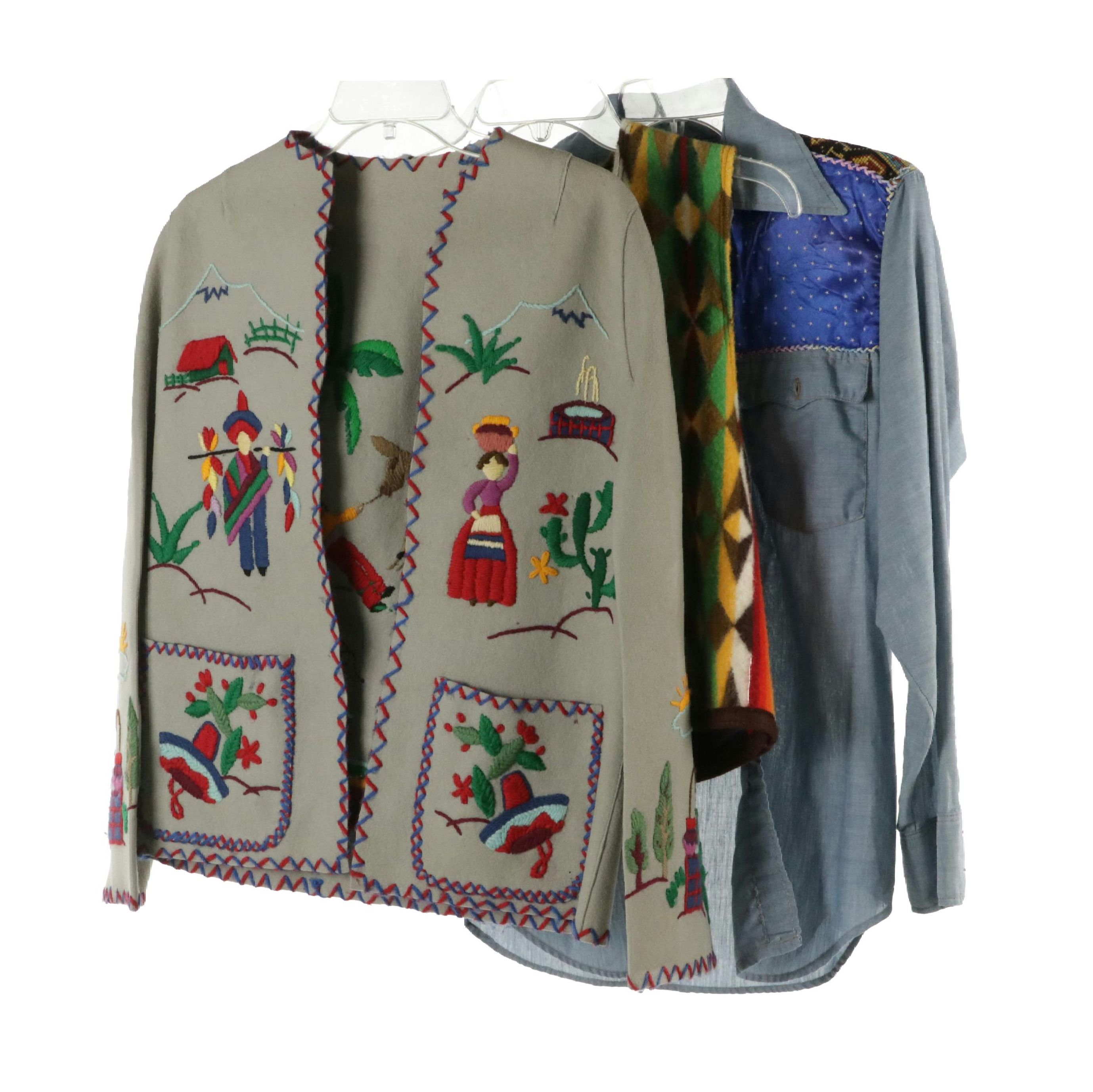 Hand-Embroidered Mexican Jacket, Patchwork Shirt, and Blanket Vest