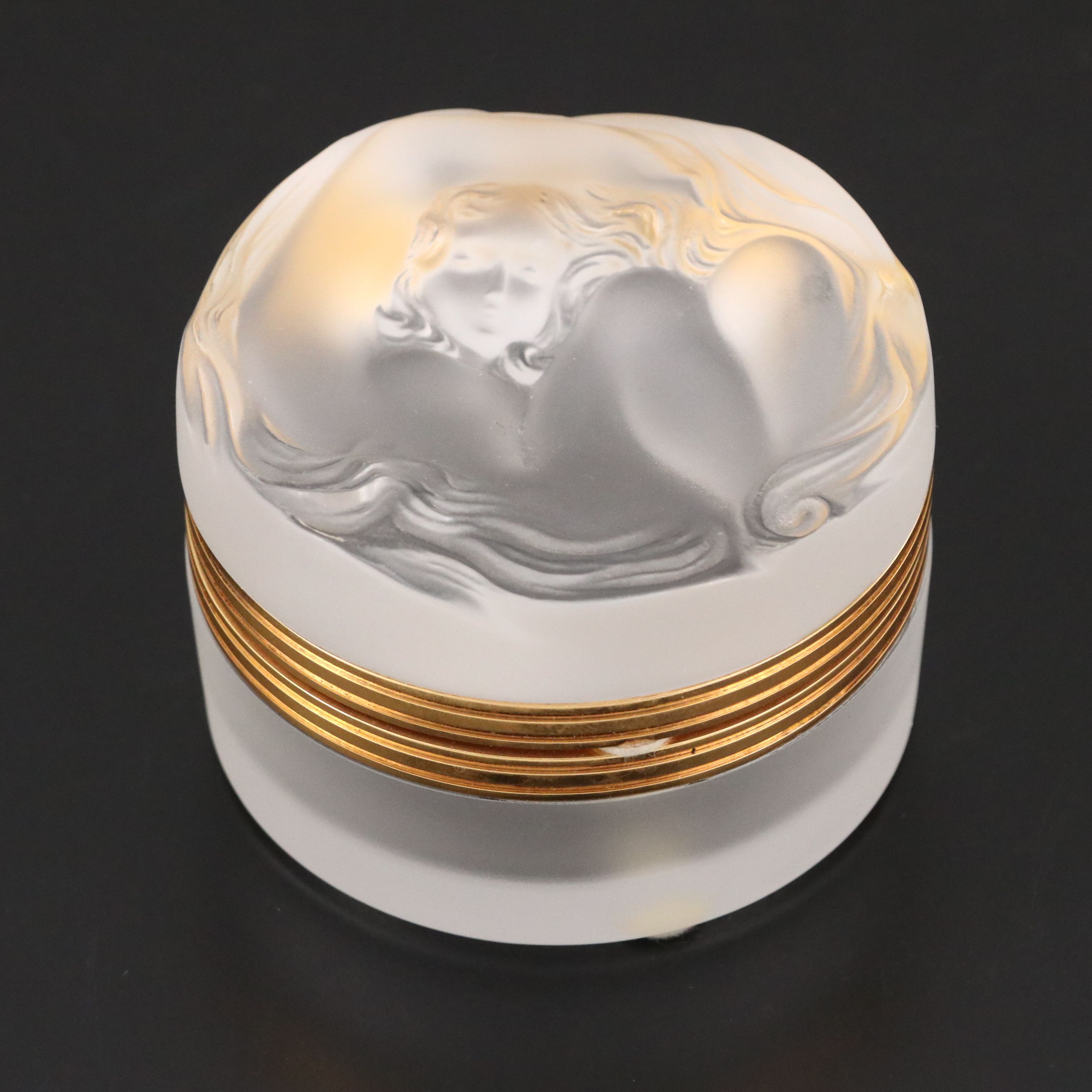 Lalique "Daphne" Frosted Crystal Powder Box with Hinged Lid