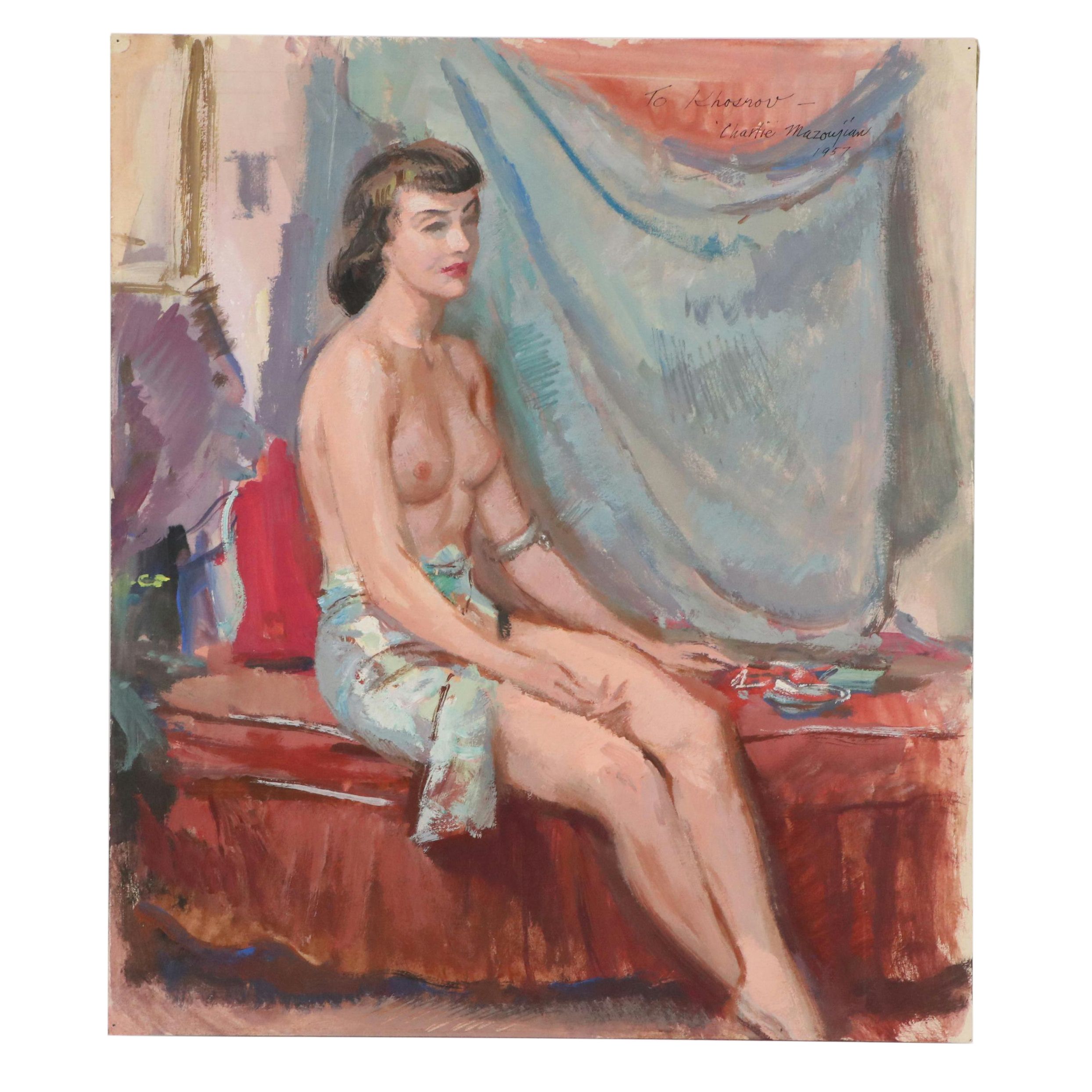 Charlie Mazoujian Gouache Painting Study of Female Nude, 1957