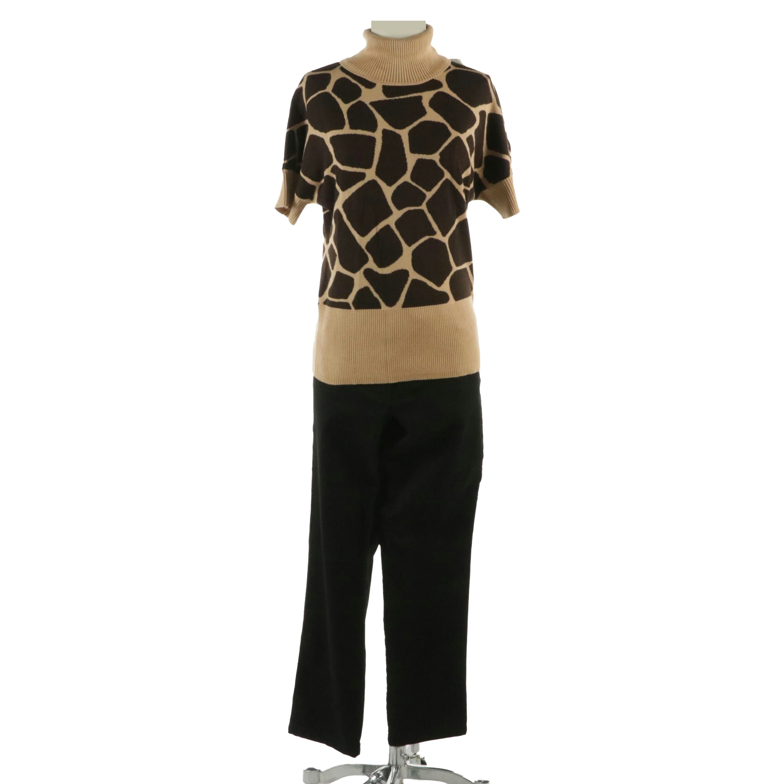 Escada Girraffe Print Wool Blend Turtleneck Short Sleeve Sweater & Stretch Jeans