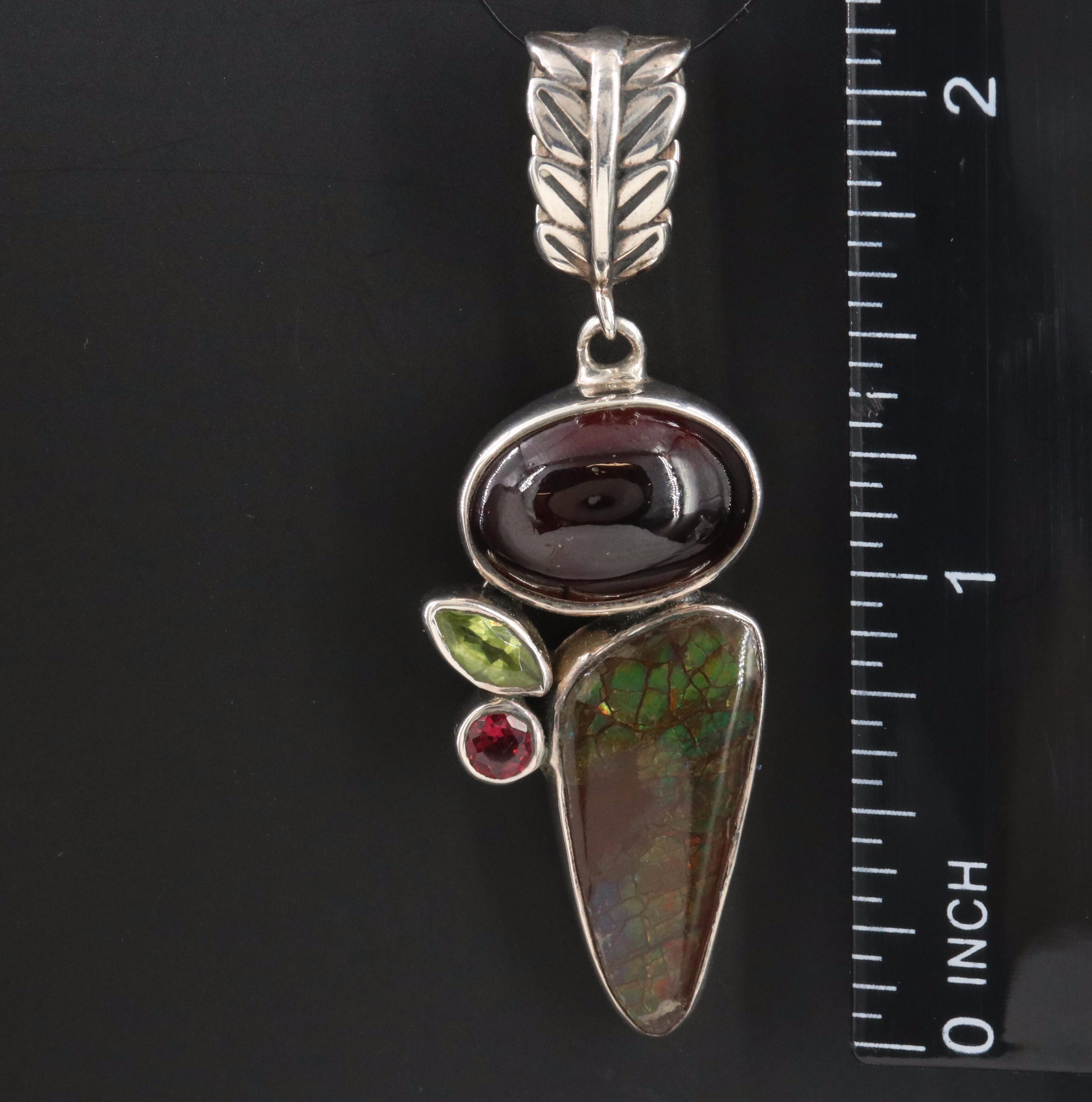 Sterling Ammolite Triplet, Hessonite and Peridot Pendant