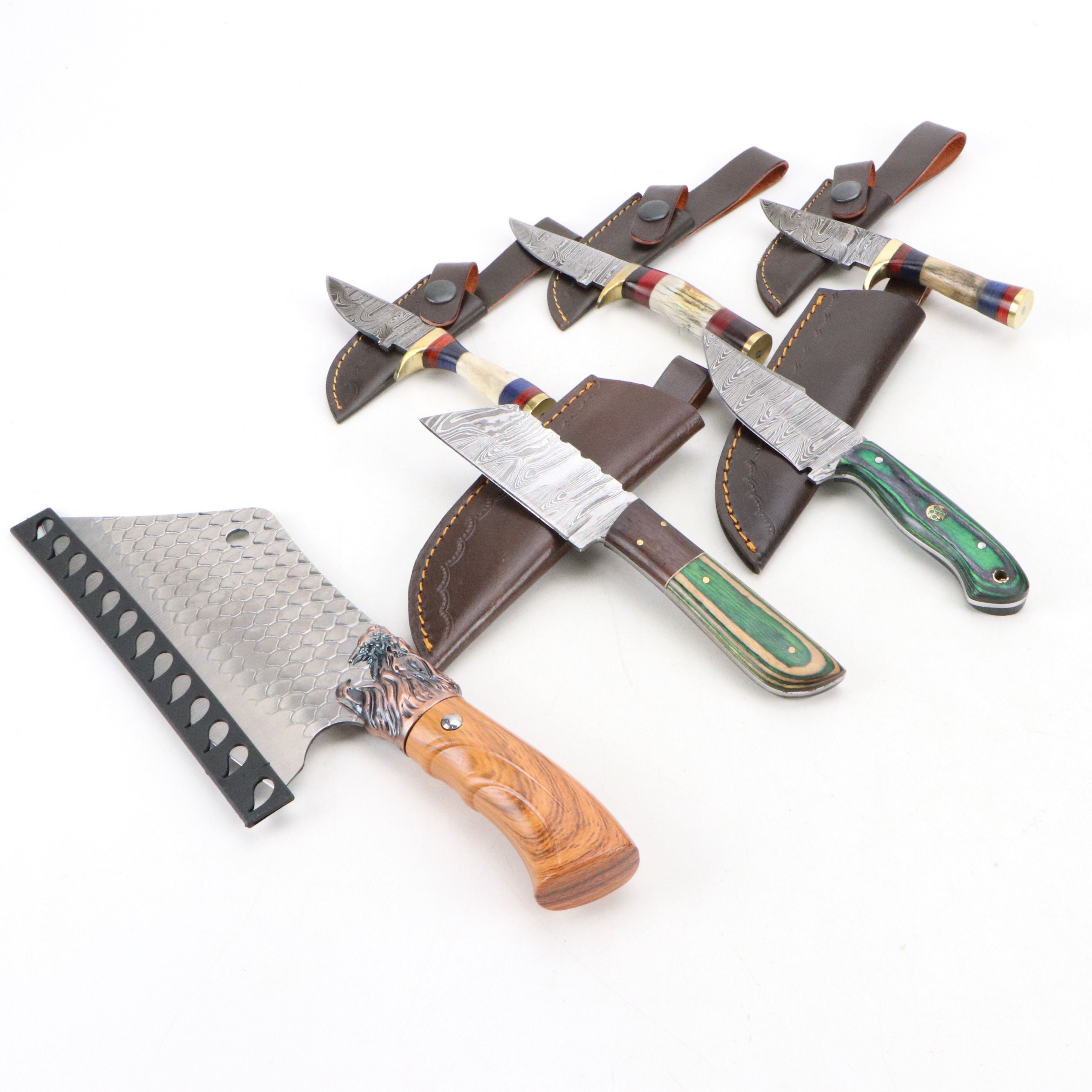 Damascus Steel and Antler Handled Skinner Knives with Hunting Knives and Cleaver